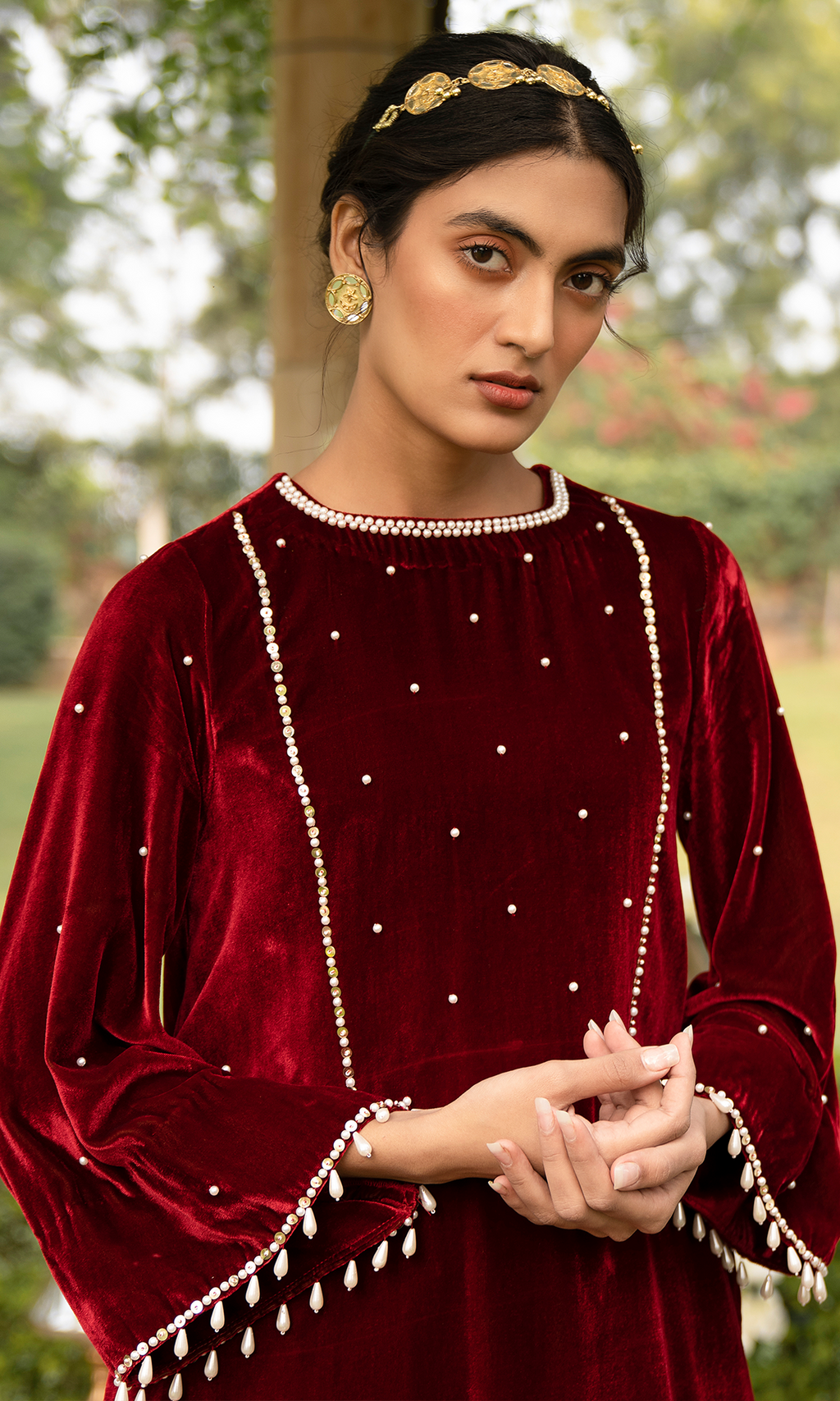 Bareen Mughals Red Velvet Embroidered Kurta With Salwar- Set Of 2 - Ready to ship