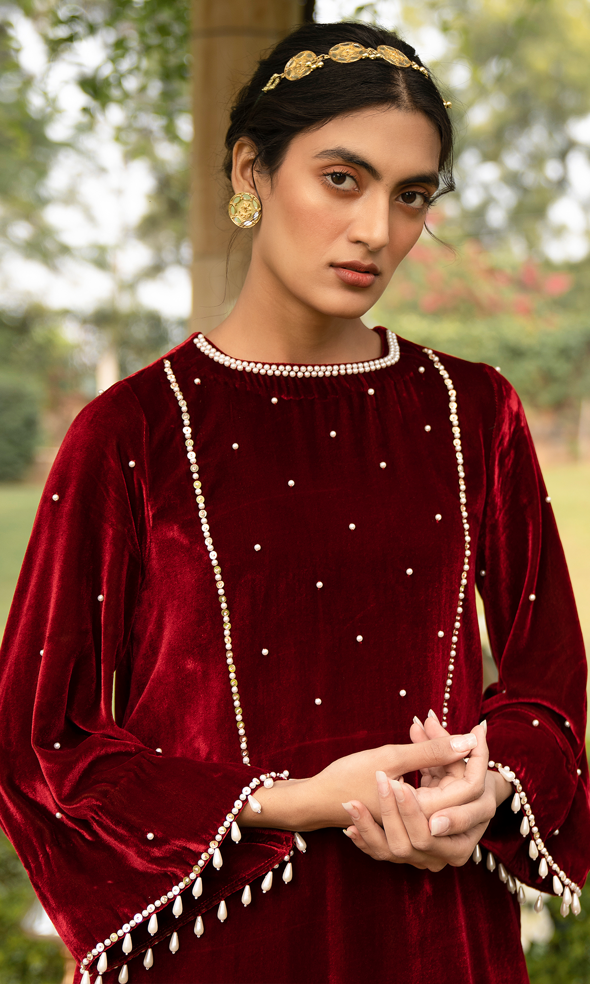 Bareen Mughals Red Velvet Embroidered Kurta With Salwar- Set Of 2 - Ready to ship