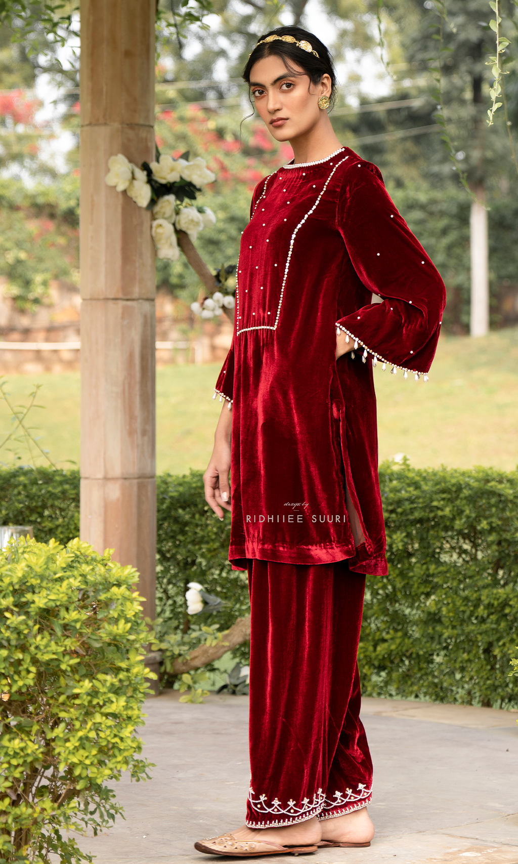 Bareen Mughals Red Velvet Embroidered Kurta With Salwar- Set Of 2 - Ready to ship