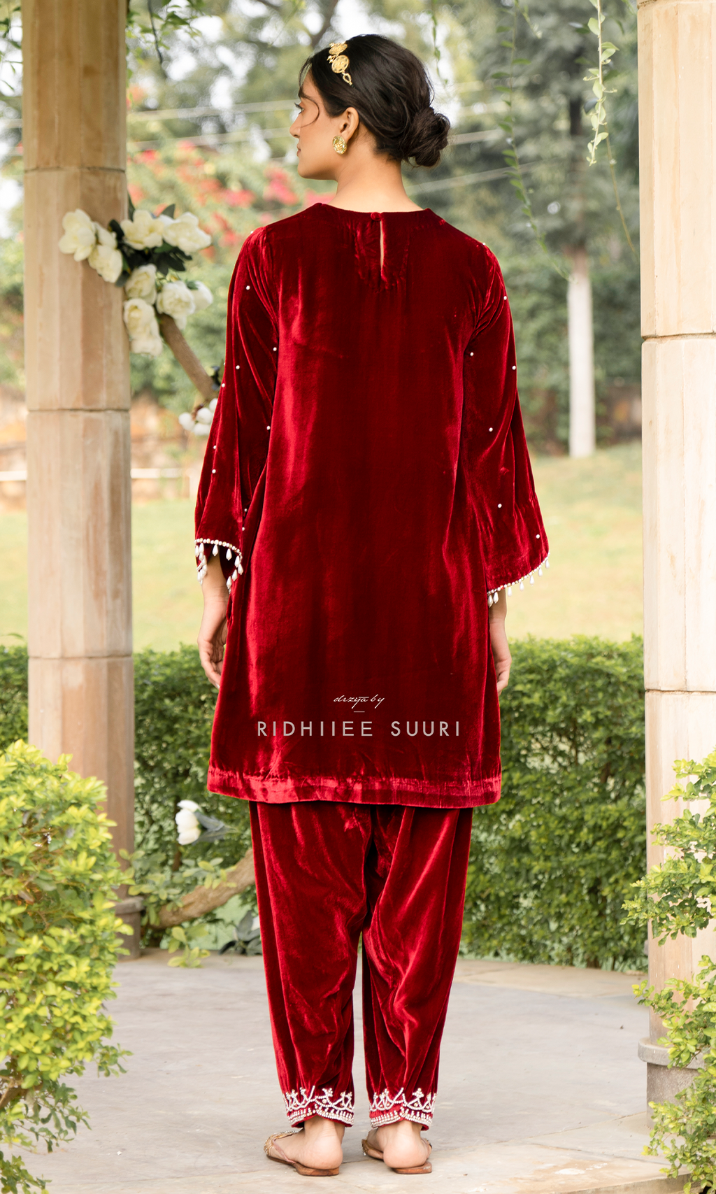 Bareen Mughals Red Velvet Embroidered Kurta With Salwar- Set Of 2 - Ready to ship