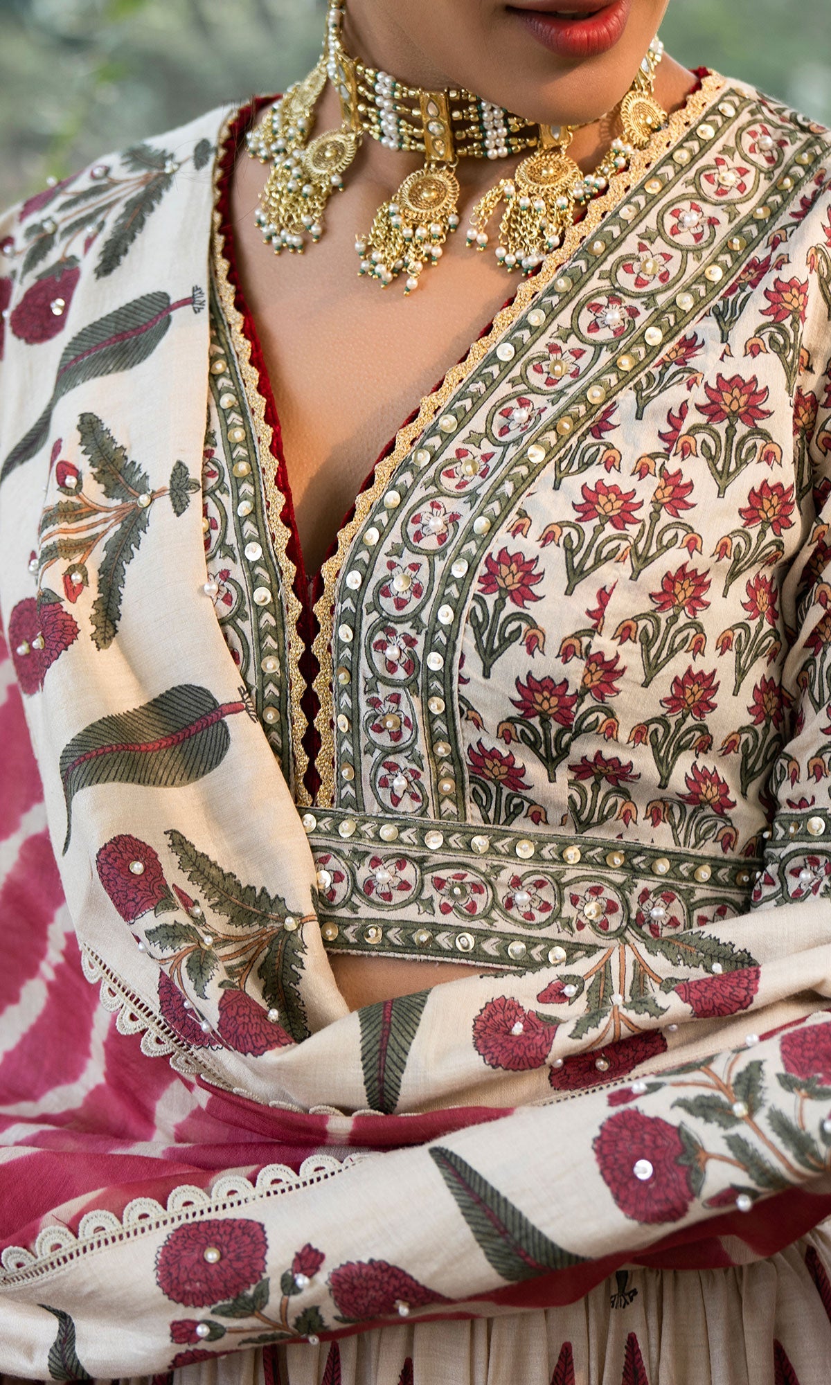 Bareen Mughal Red Block Printed Lehenga Set With Lehariya dupatta - Set Of 3 - Red - Ready to ship