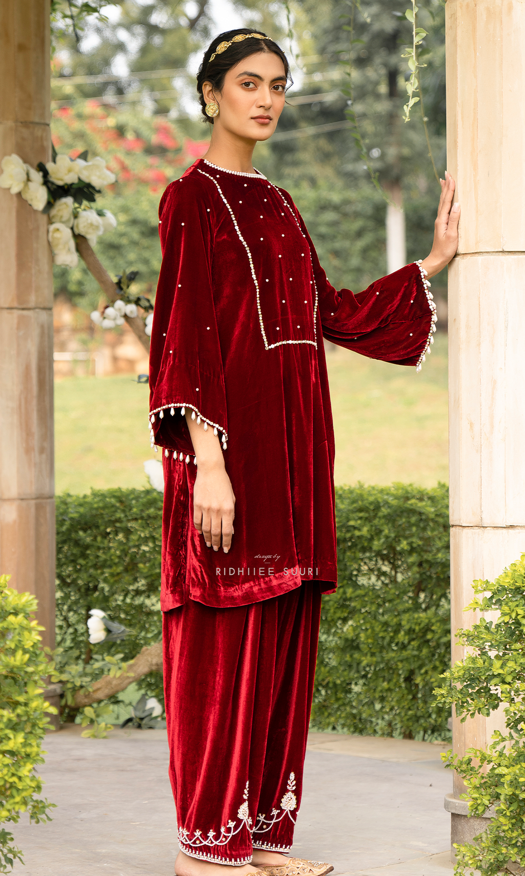 Bareen Mughals Red Velvet Embroidered Kurta With Salwar- Set Of 2 - Ready to ship