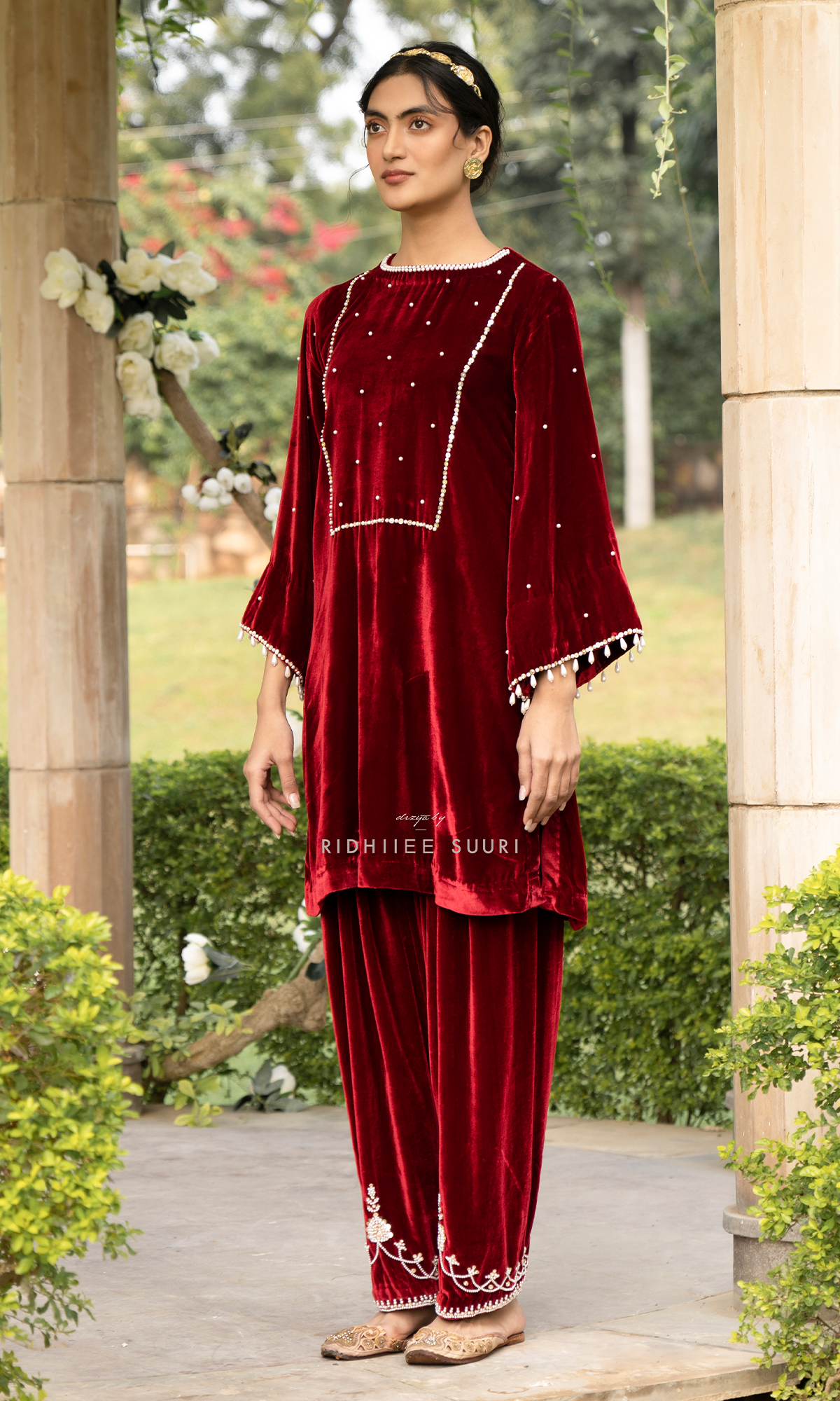 Bareen Mughals Red Velvet Embroidered Kurta With Salwar- Set Of 2 - Ready to ship