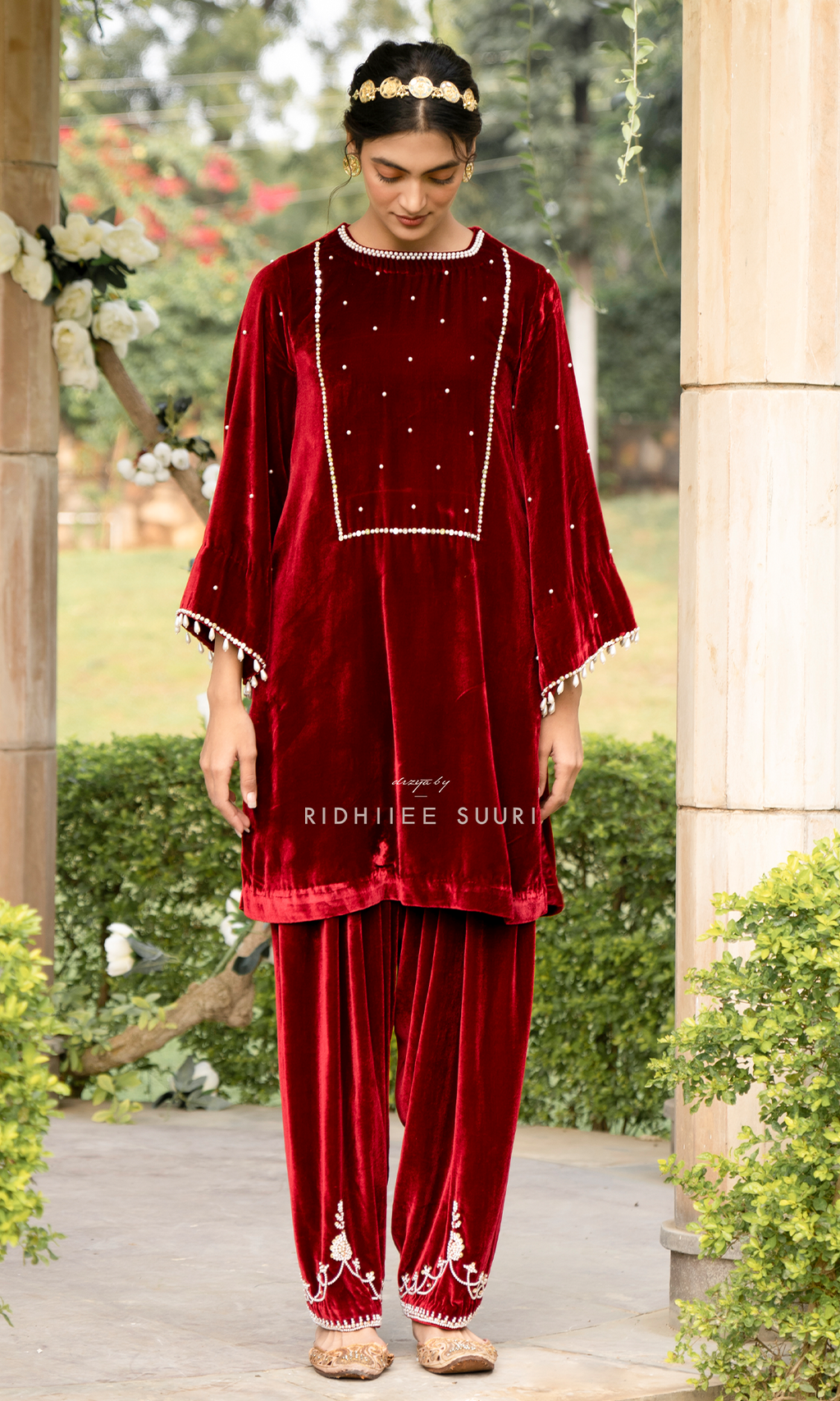 Bareen Mughals Red Velvet Embroidered Kurta With Salwar- Set Of 2 - Ready to ship
