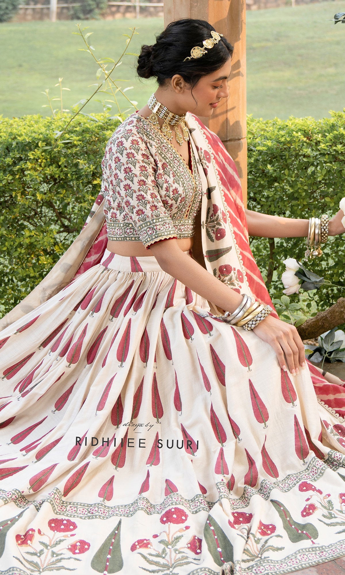 Bareen Mughal Red Block Printed Lehenga Set With Lehariya dupatta - Set Of 3 - Red - Ready to ship