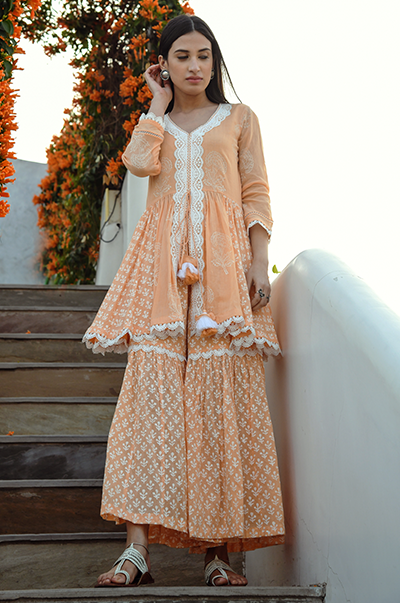 Jannat Orange Short Kurta with Gharara and Dupatta - Ready to ship
