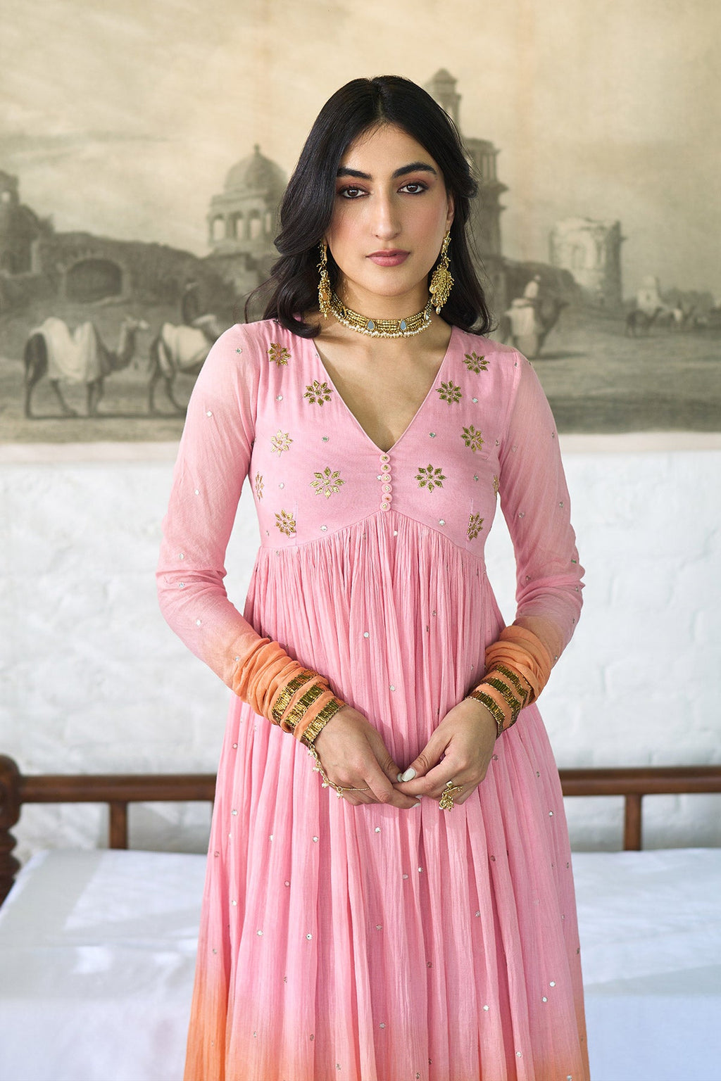 Ombre gota pink to orange v- neck gota patti embroidered anarkali with palazzo and dupatta ( set  of 3 ) RTS