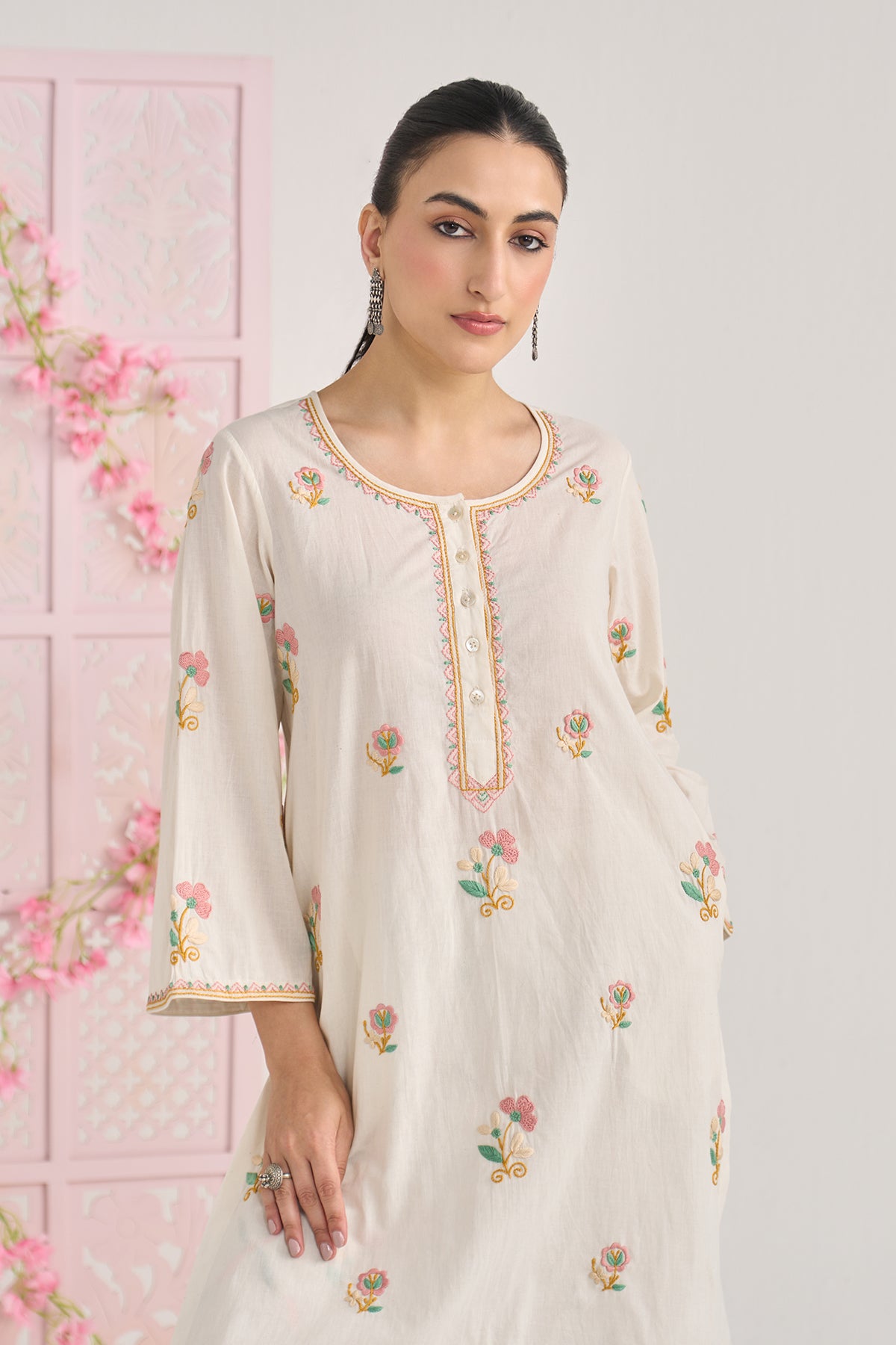 Chikankari summer 26 kora Bell sleeves kurta with jall embroidered salwar ( set of 2) - Ready to ship