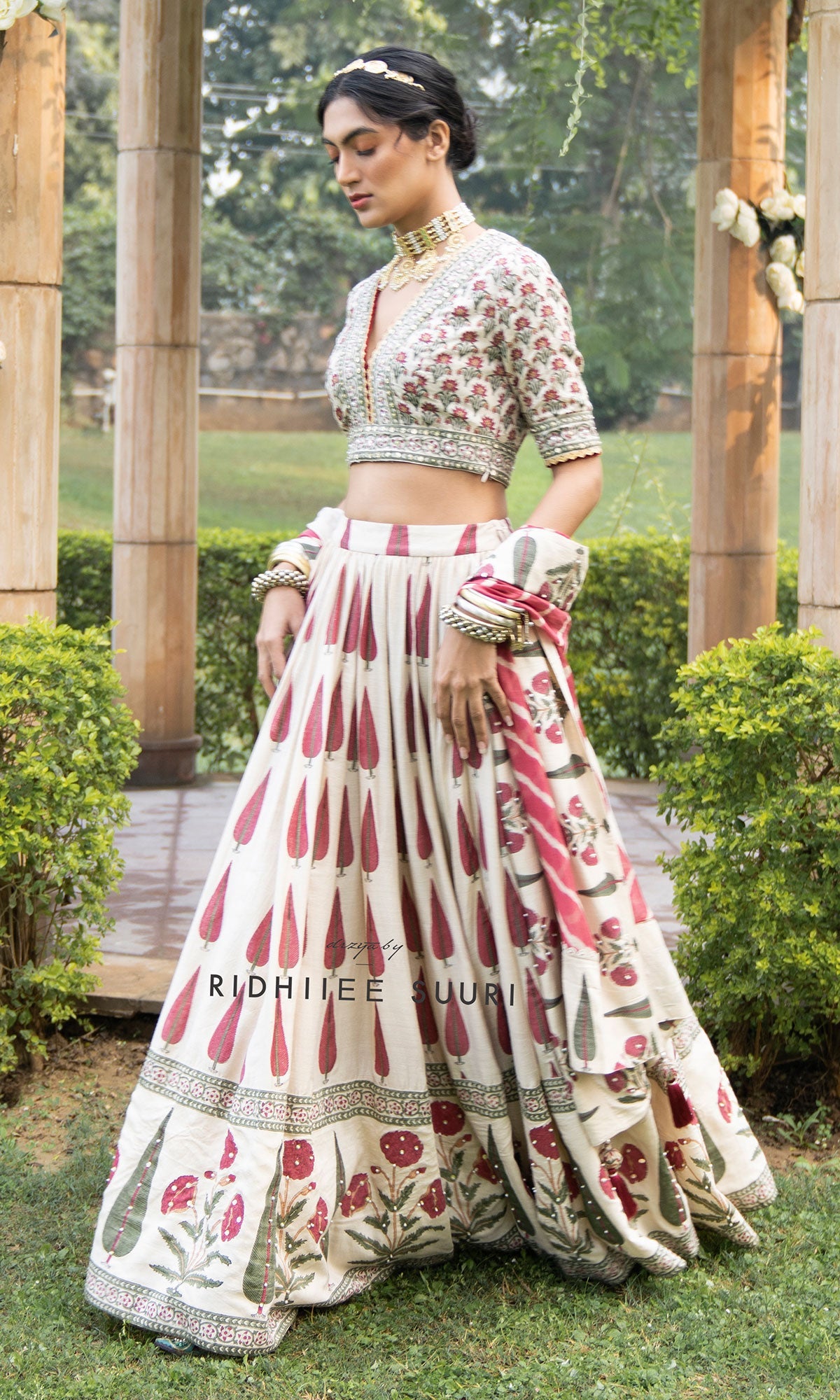 Bareen Mughal Red Block Printed Lehenga Set With Lehariya dupatta - Set Of 3 - Red - Ready to ship