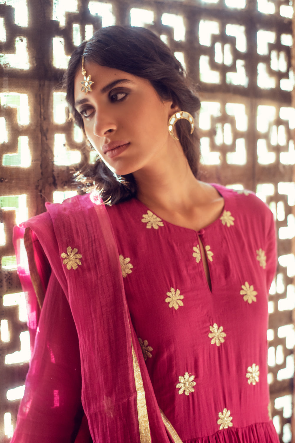 GENELIA D'SOUZA IN AAFREEN FLOWER GOTA YOKE GATHER DROP WAIST GATHER ANARKALI SET 0F 3  - RANI PINK