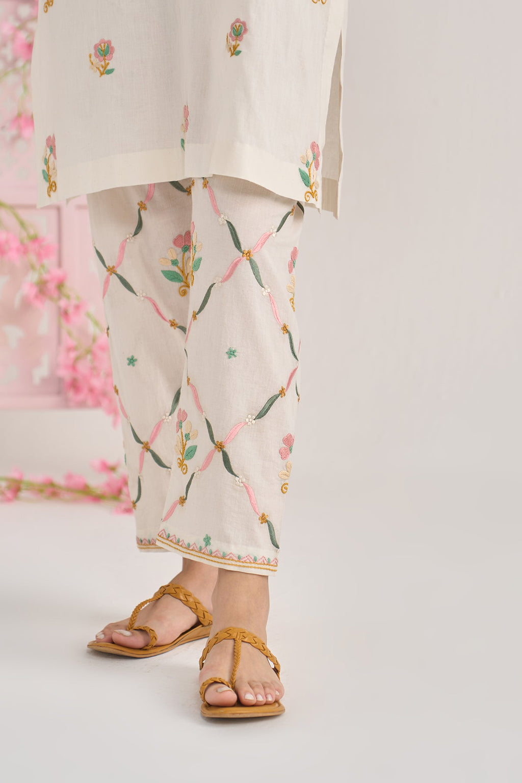 Chikankari summer 26 kora Bell sleeves kurta with jall embroidered salwar ( set of 2) - Ready to ship