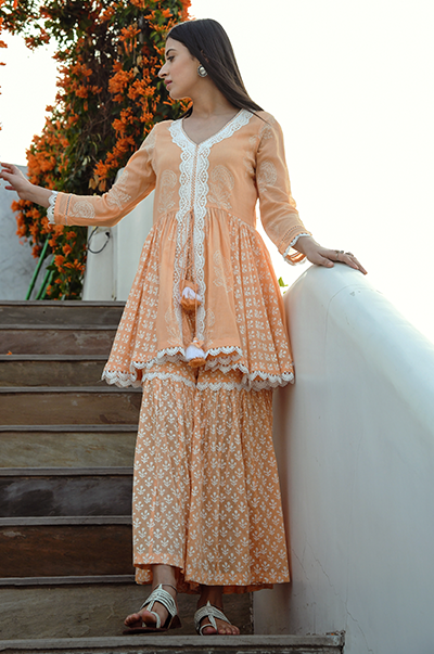 Jannat Orange Short Kurta with Gharara and Dupatta - Ready to ship