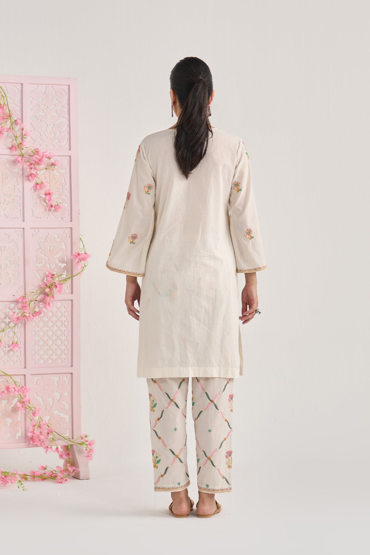 Chikankari summer 26 kora Bell sleeves kurta with jall embroidered salwar ( set of 2) - Ready to ship