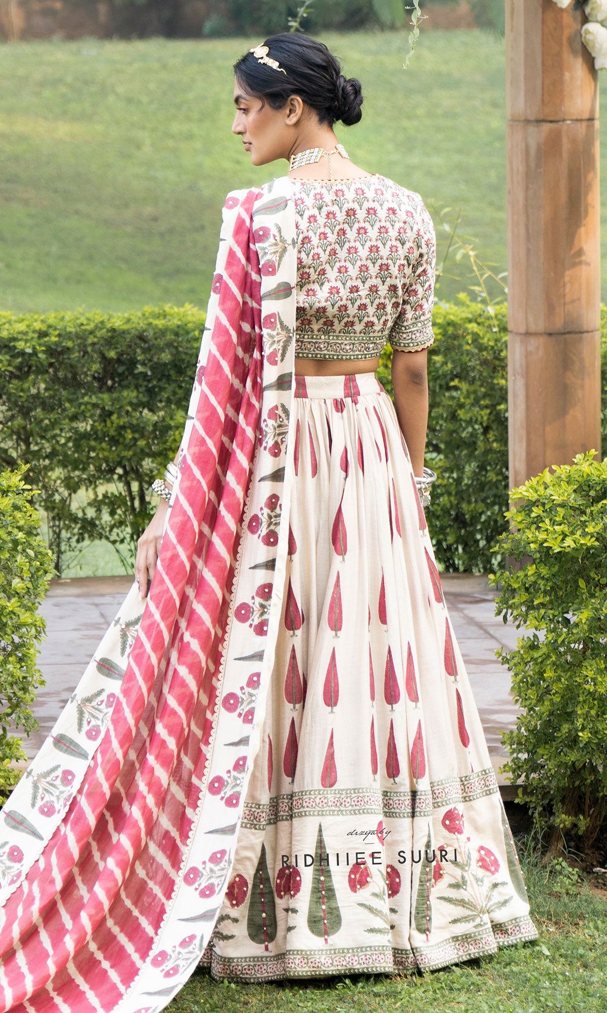 Bareen Mughal Red Block Printed Lehenga Set With Lehariya dupatta - Set Of 3 - Red - Ready to ship