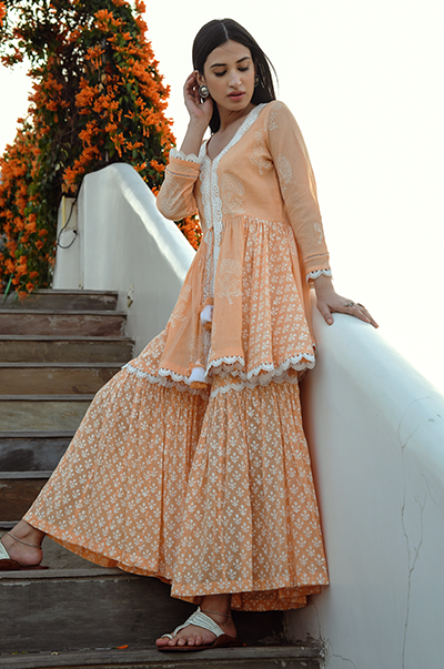 Jannat Orange Short Kurta with Gharara and Dupatta - Ready to ship