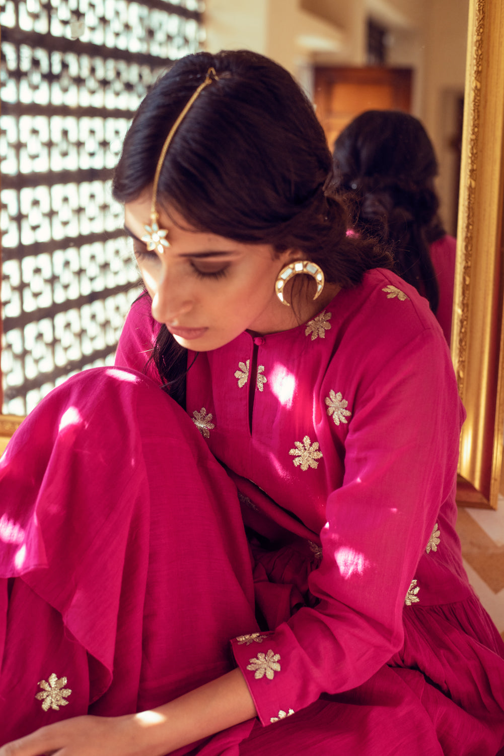 GENELIA D'SOUZA IN AAFREEN FLOWER GOTA YOKE GATHER DROP WAIST GATHER ANARKALI SET 0F 3  - RANI PINK