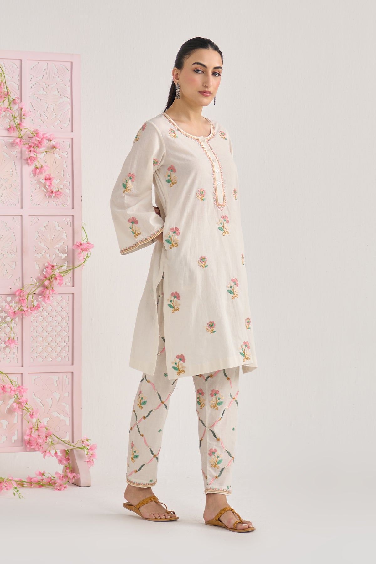 Chikankari summer 26 kora Bell sleeves kurta with jall embroidered salwar ( set of 2) - Ready to ship
