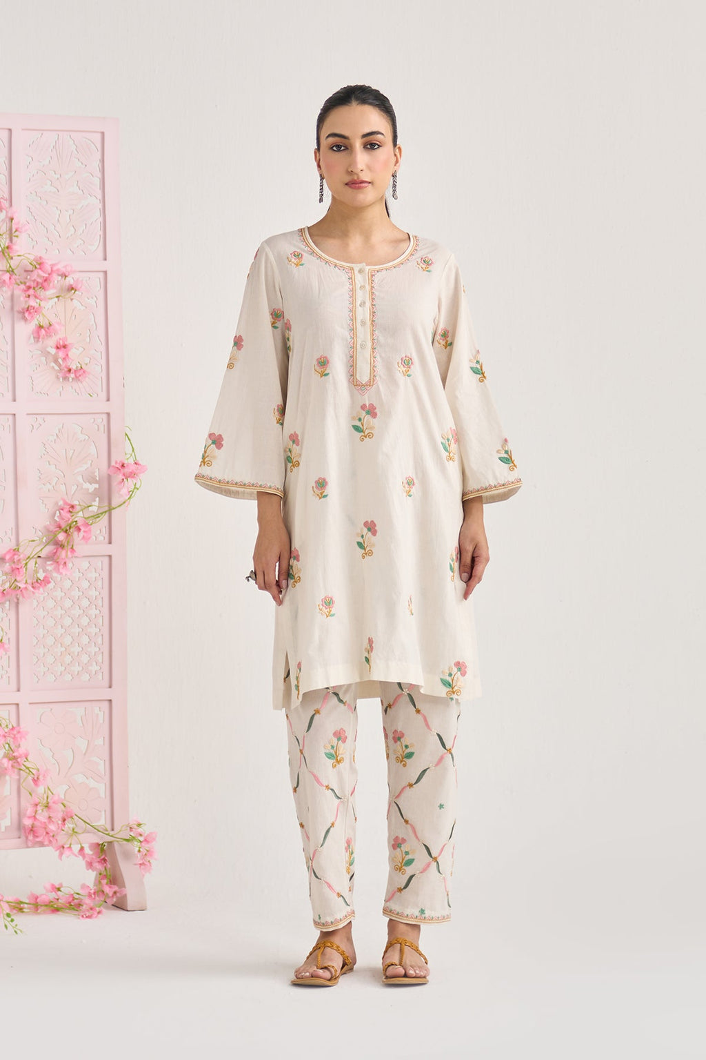 Chikankari summer 26 kora Bell sleeves kurta with jall embroidered salwar ( set of 2) - Ready to ship