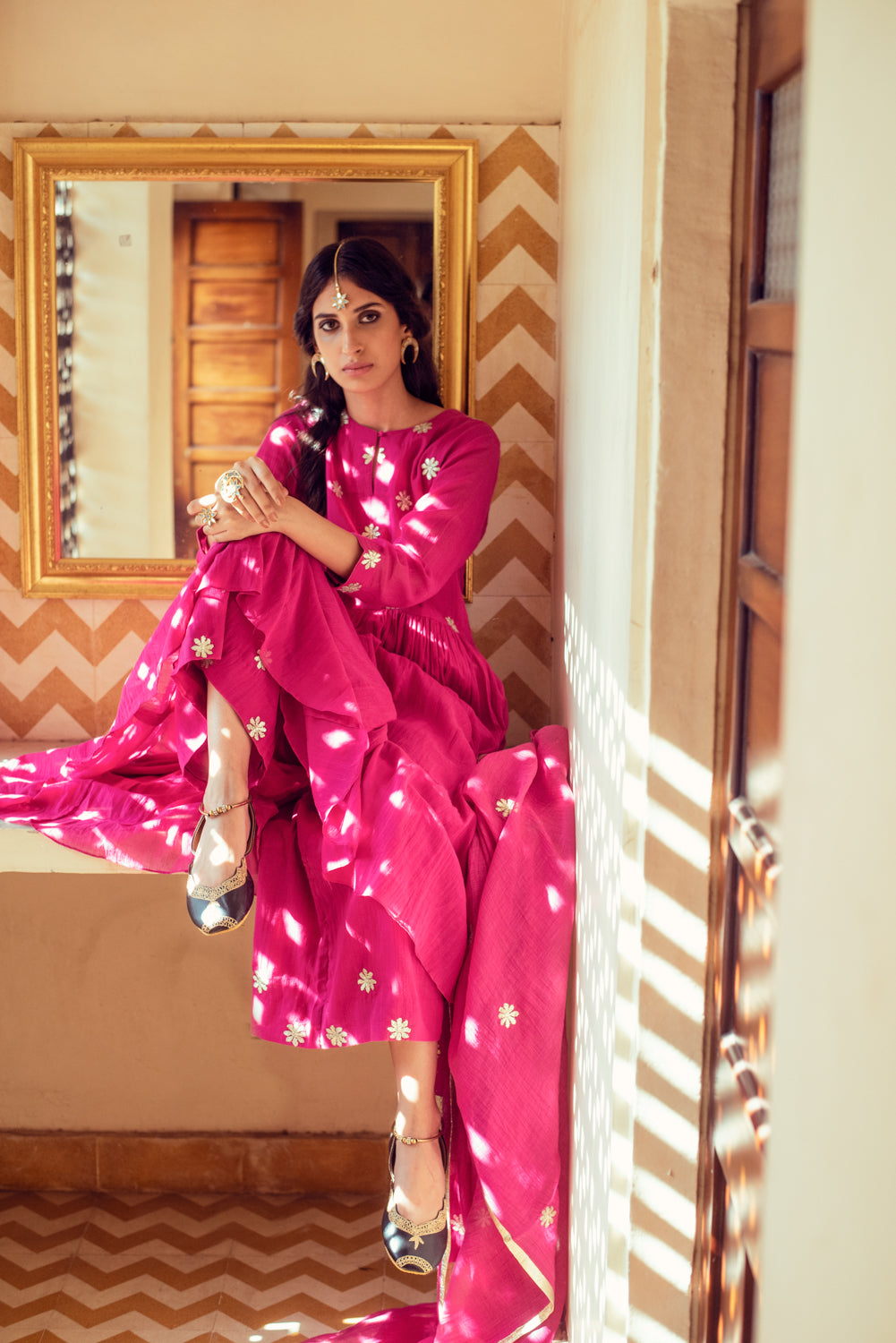 GENELIA D'SOUZA IN AAFREEN FLOWER GOTA YOKE GATHER DROP WAIST GATHER ANARKALI SET 0F 3  - RANI PINK