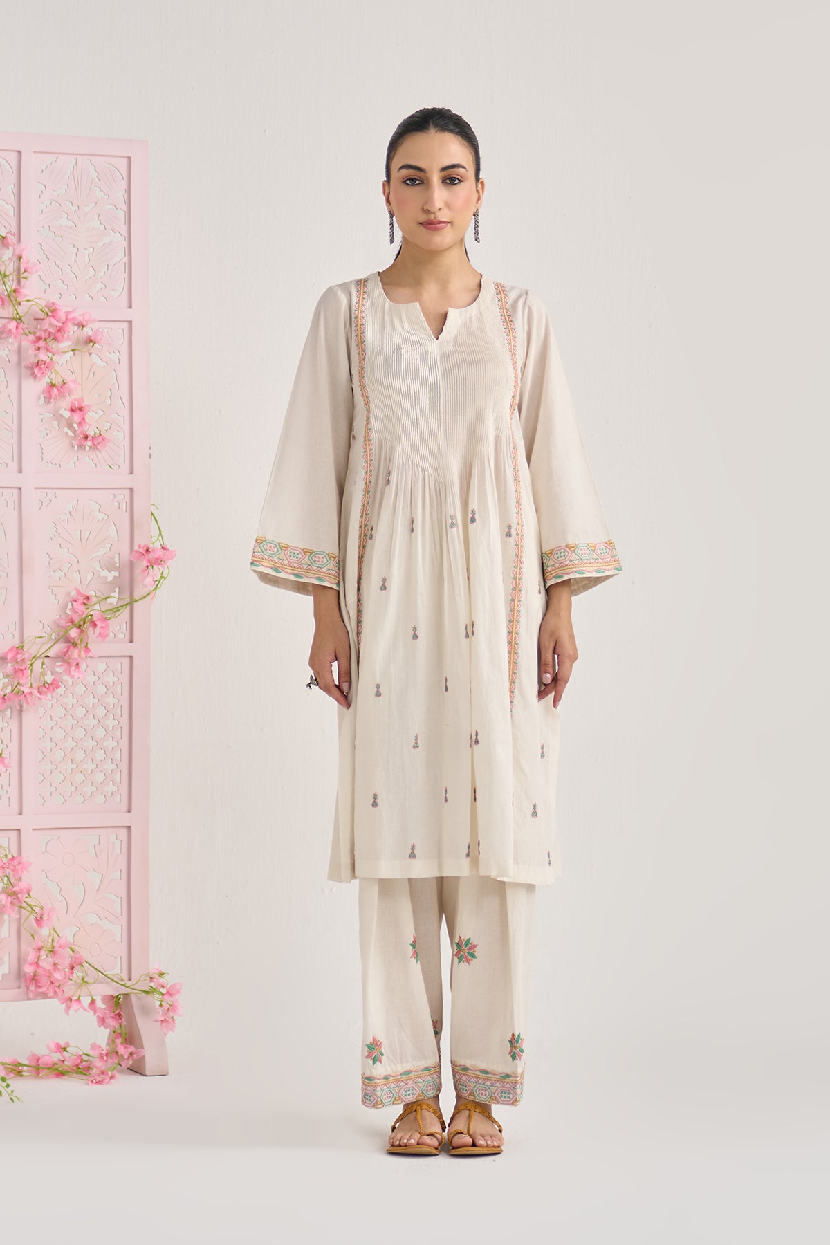 Chikankari summer 26 kora pintuck kurta with salwar and dupatta ( set of 3 ) - Ready to ship