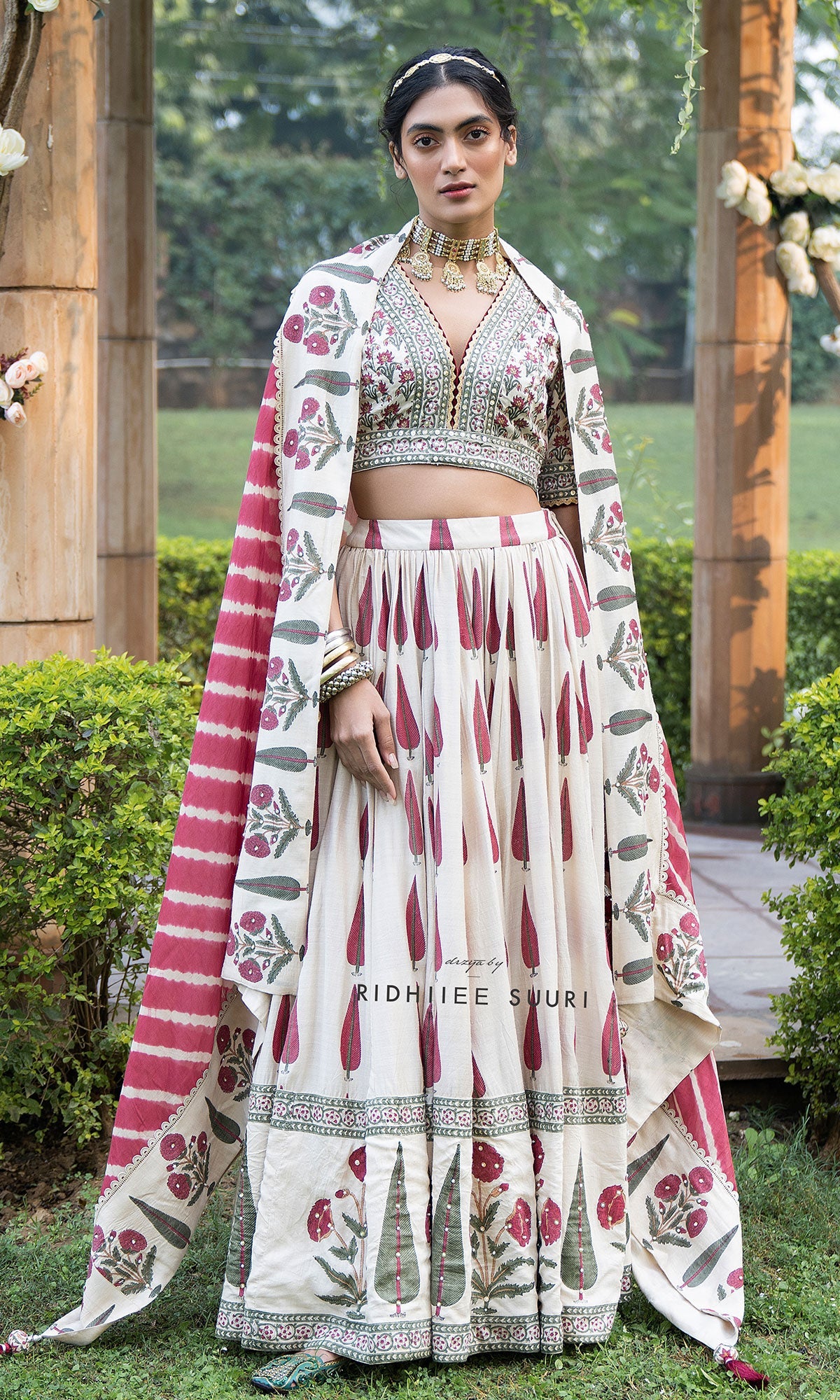 Bareen Mughal Red Block Printed Lehenga Set With Lehariya dupatta - Set Of 3 - Red - Ready to ship