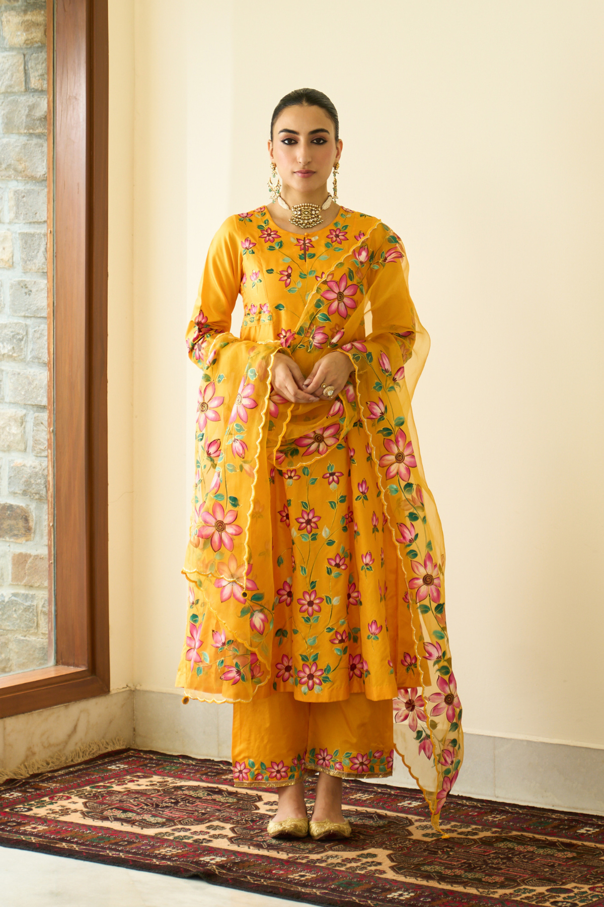 Saanjh Mustard Silk Handpainted Kalidar Kurta With Palazzo And Dupatta ( Set Of 3)