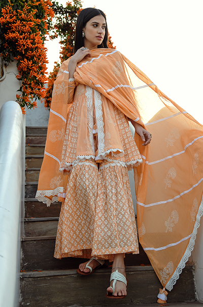 Jannat Orange Short Kurta with Gharara and Dupatta - Ready to ship