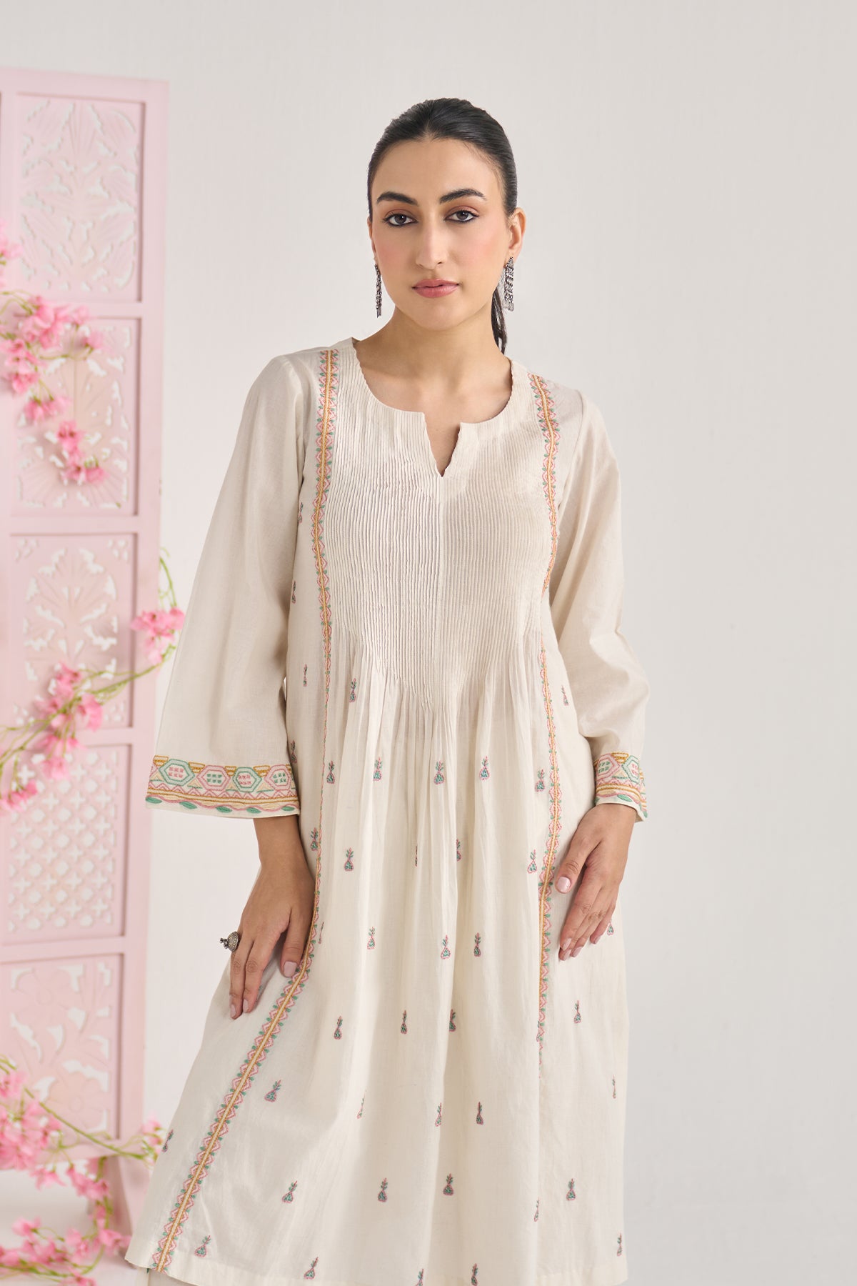 Chikankari summer 26 kora pintuck kurta with salwar and dupatta ( set of 3 ) - Ready to ship