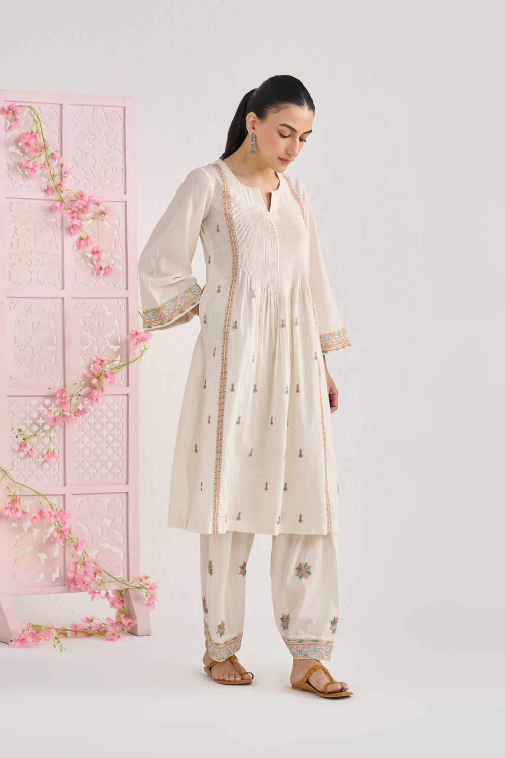 Chikankari summer 26 kora pintuck kurta with salwar and dupatta ( set of 3 ) - Ready to ship