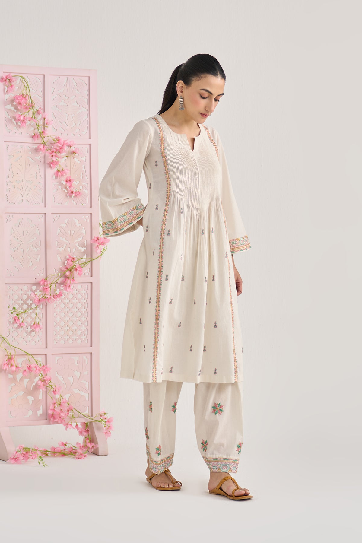 Chikankari summer 26 kora pintuck kurta with salwar and dupatta ( set of 3 ) - Ready to ship
