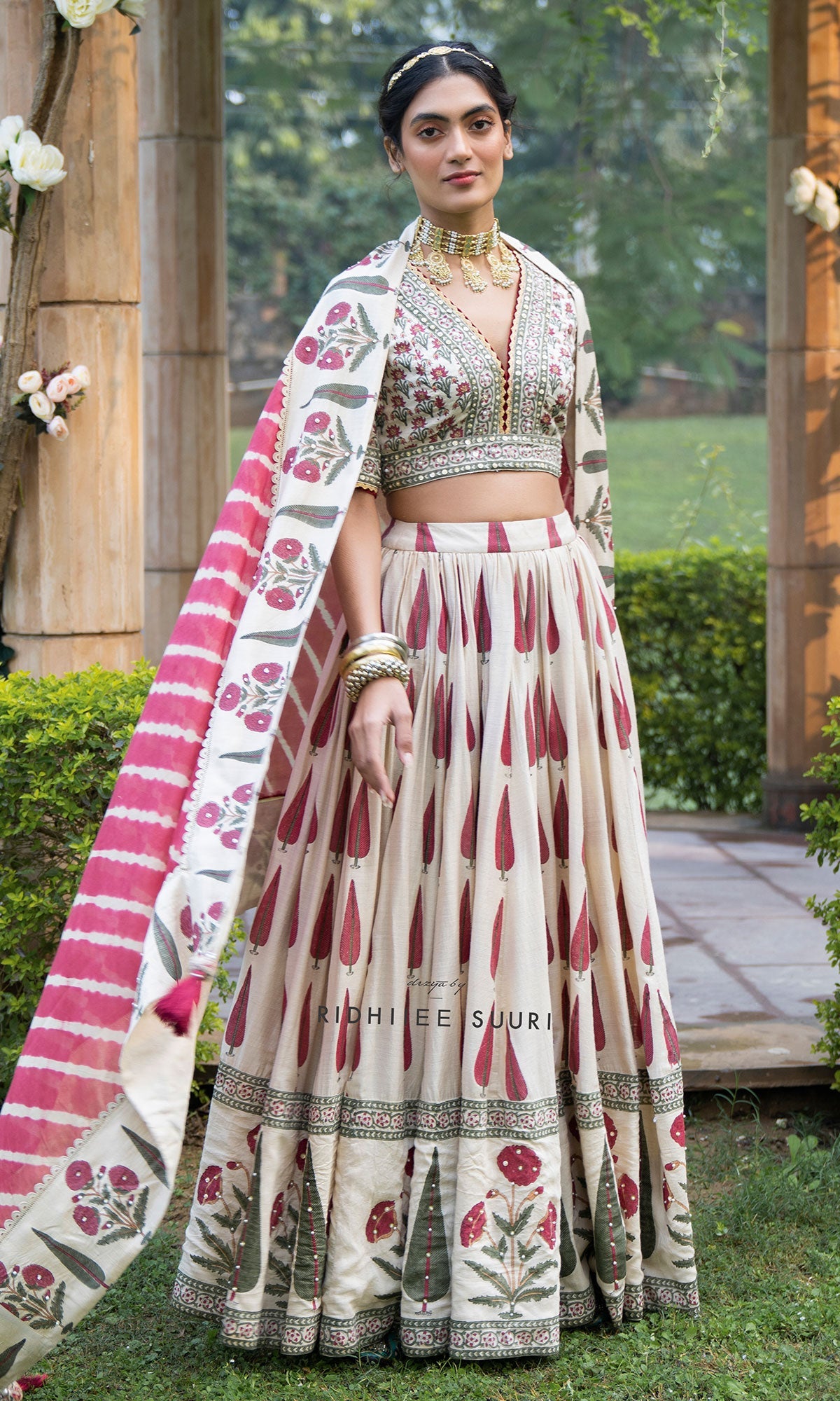 Bareen Mughal Red Block Printed Lehenga Set With Lehariya dupatta - Set Of 3 - Red - Ready to ship