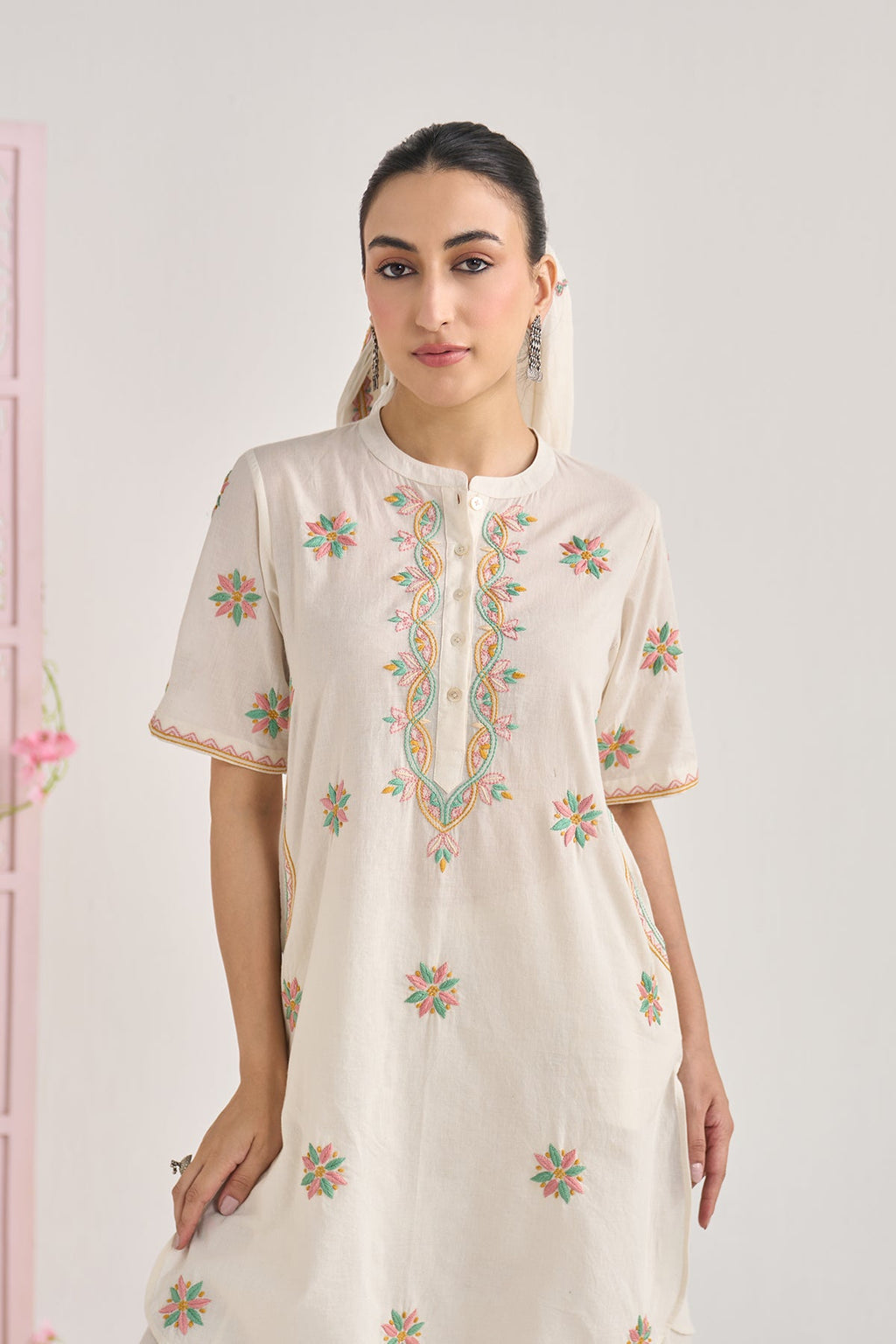 Chikankari summer 26 kora Short kurta with flared palazzo (set of 2) - Ready to ship