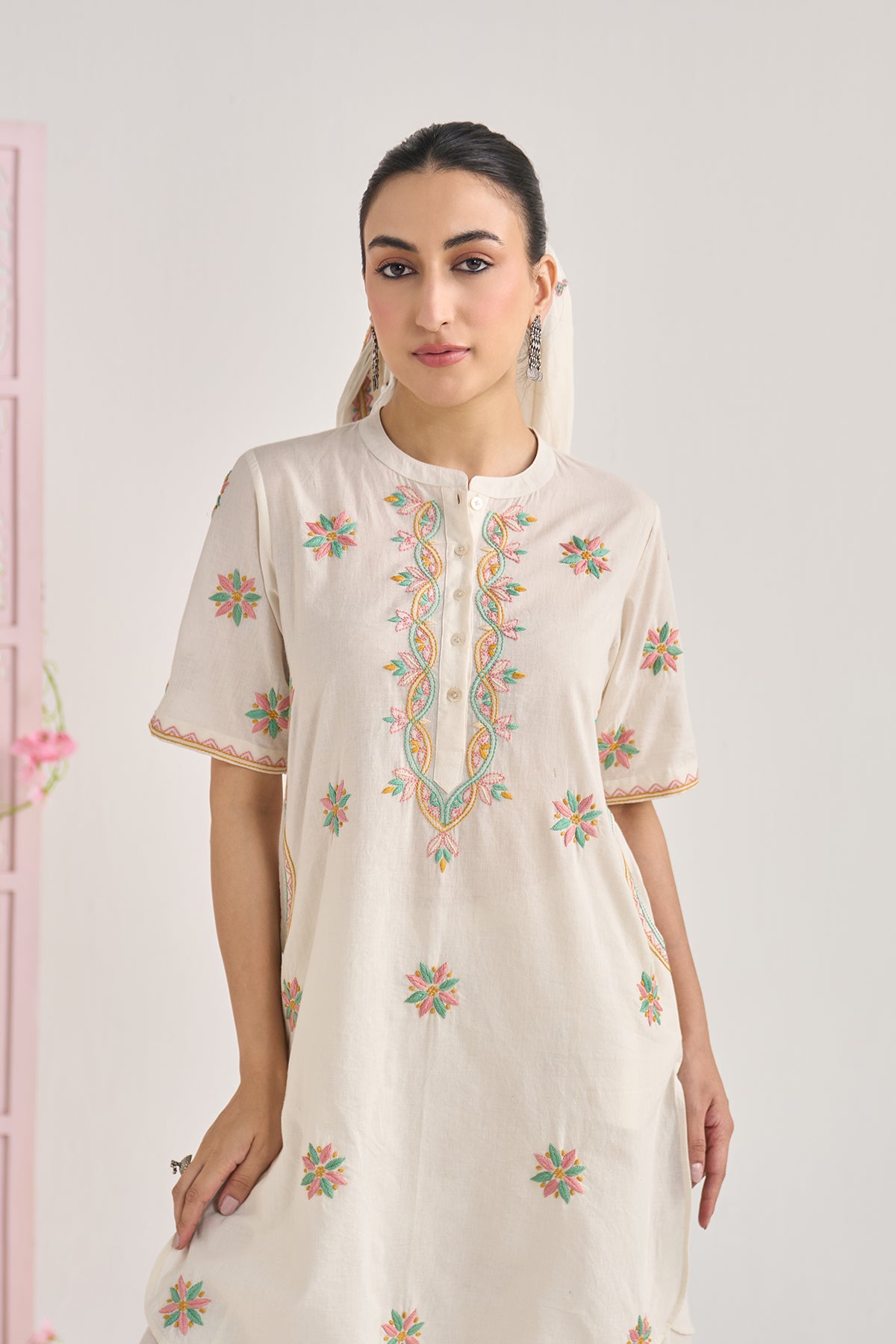 Chikankari summer 26 kora Short kurta with flared palazzo (set of 2) - Ready to ship