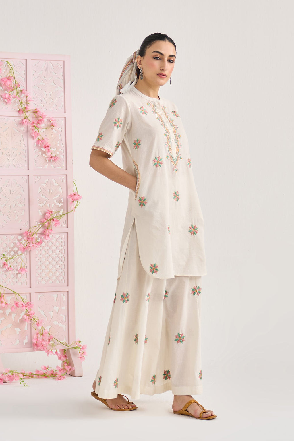 Chikankari summer 26 kora Short kurta with flared palazzo (set of 2) - Ready to ship