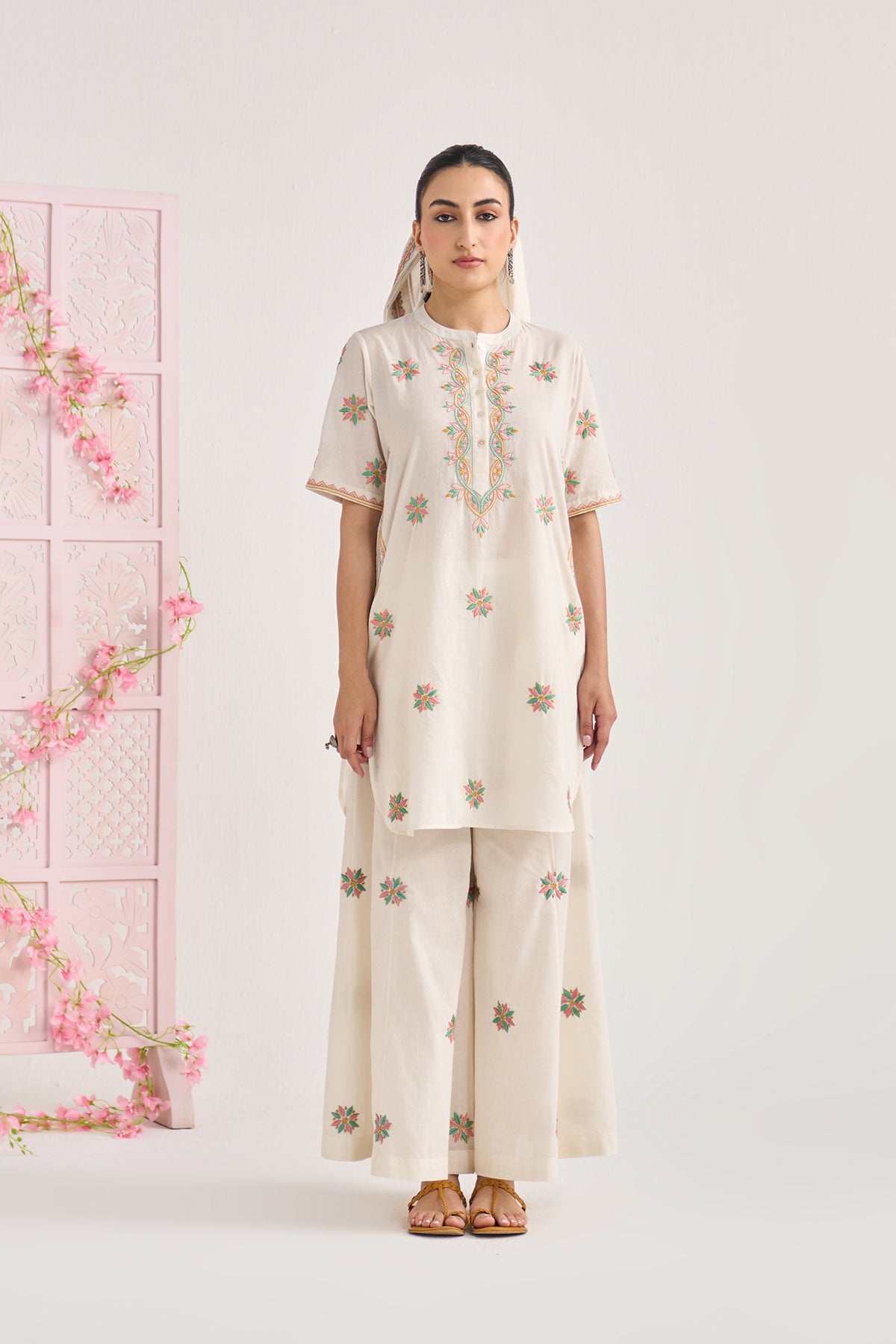 Chikankari summer 26 kora Short kurta with flared palazzo (set of 2) - Ready to ship