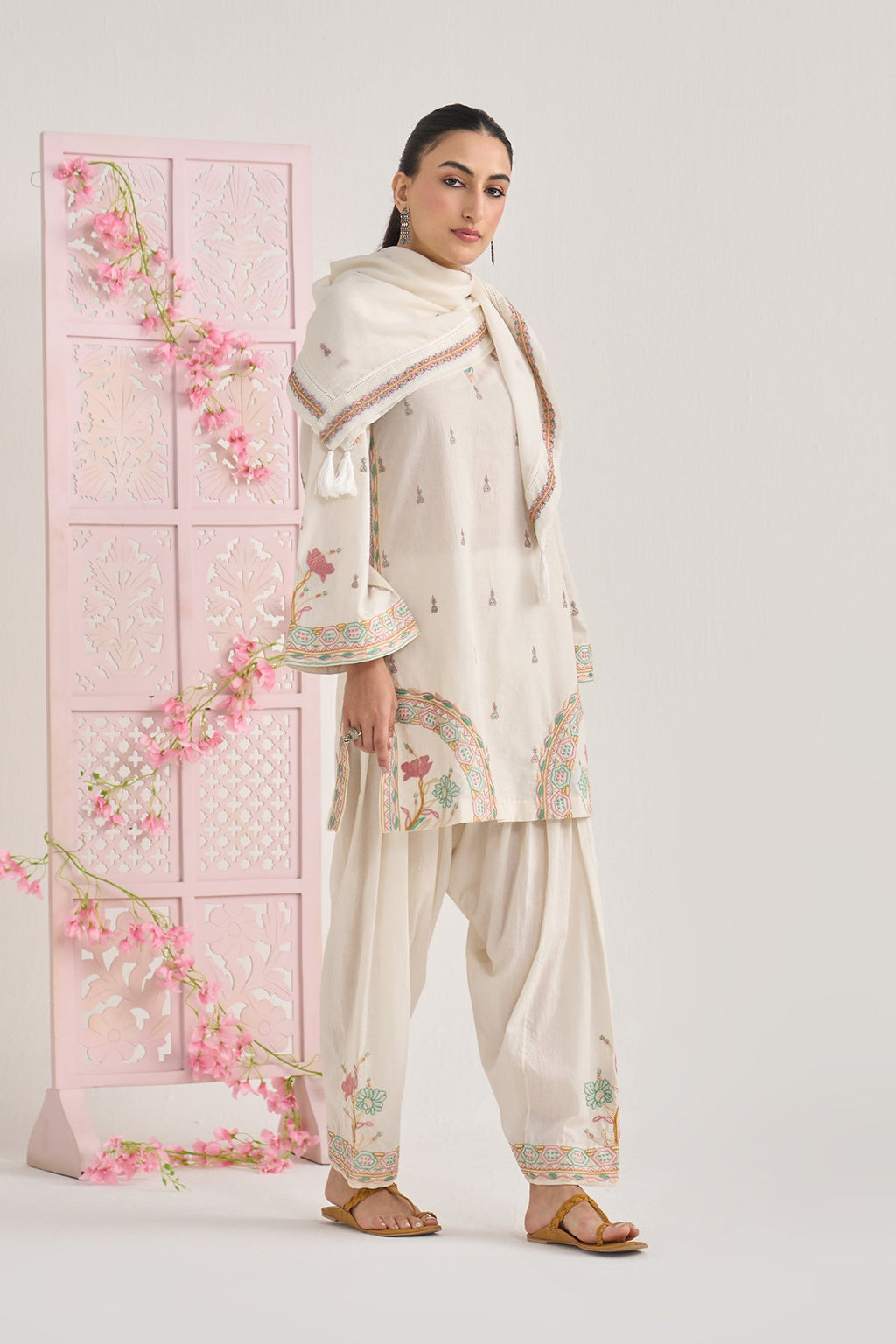 Chikankari summer 26 kora Straight cut kurta with salwar and scarf ( set of 3) - Ready to ship
