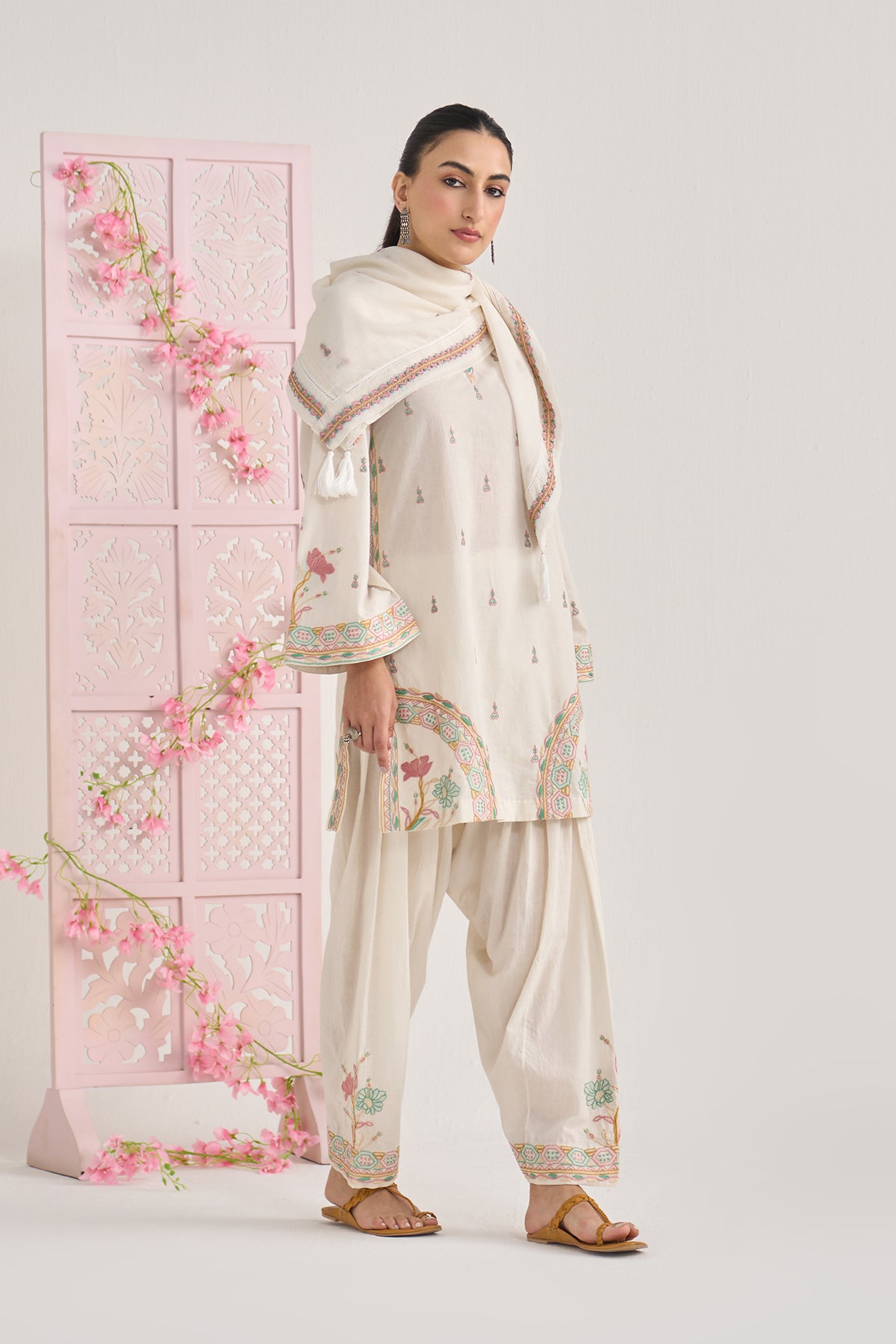 Chikankari summer 26 kora Straight cut kurta with salwar and scarf ( set of 3) - Ready to ship