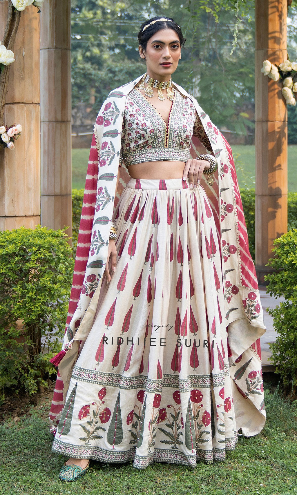 Bareen Mughal Red Block Printed Lehenga Set With Lehariya dupatta - Set Of 3 - Red - Ready to ship