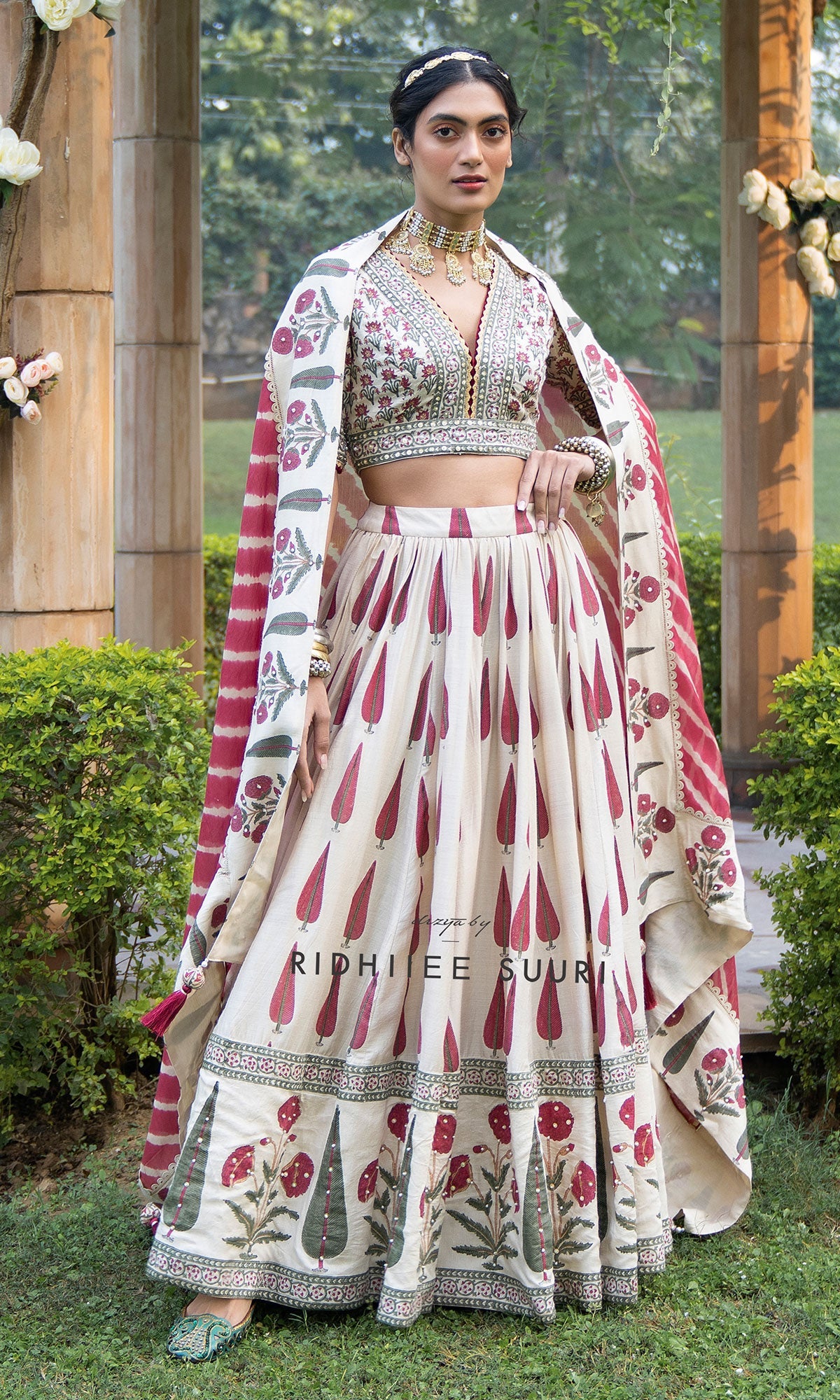 Bareen Mughal Red Block Printed Lehenga Set With Lehariya dupatta - Set Of 3 - Red - Ready to ship