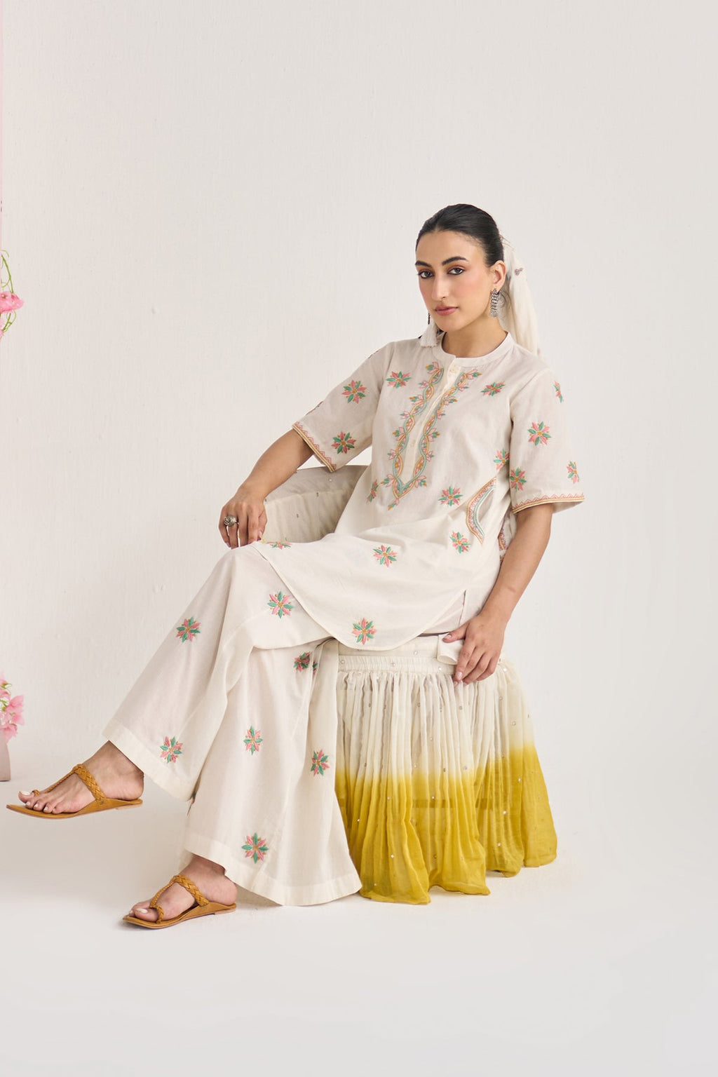 Chikankari summer 26 kora Short kurta with flared palazzo (set of 2) - Ready to ship