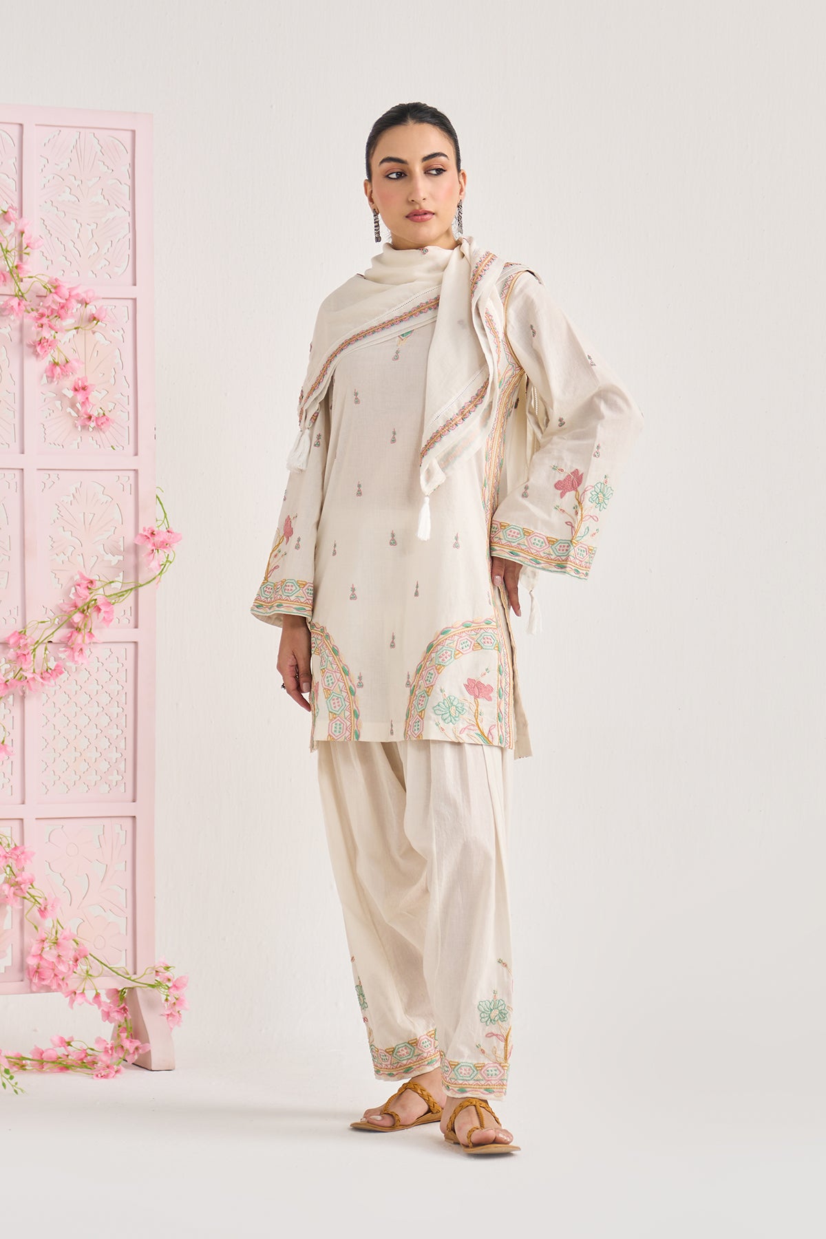 Chikankari summer 26 kora Straight cut kurta with salwar and scarf ( set of 3) - Ready to ship