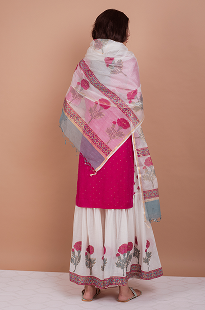 Goonj Rani Pink Mukaish Kurta with marigold Block printed Sharara- set of 3 RTS