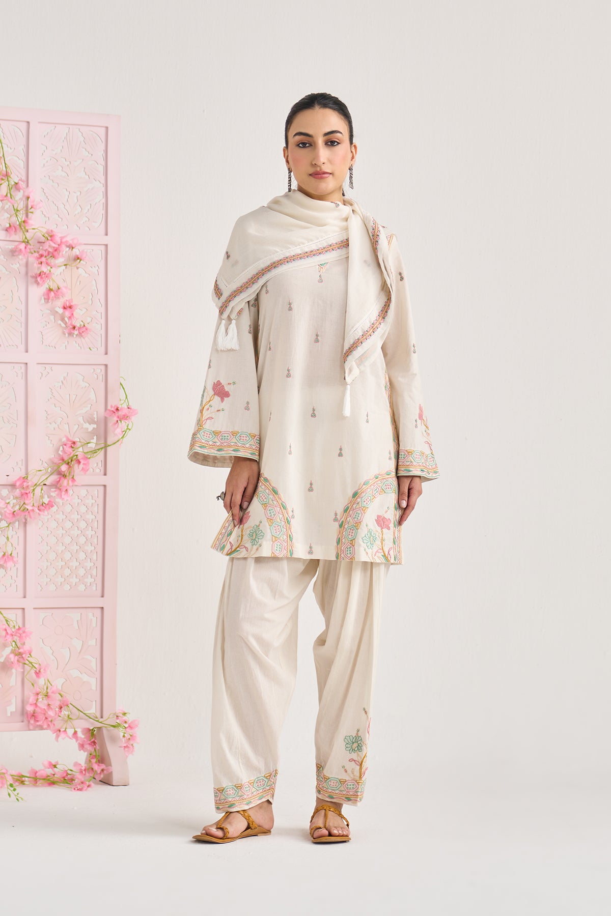 Chikankari summer 26 kora Straight cut kurta with salwar and scarf ( set of 3) - Ready to ship