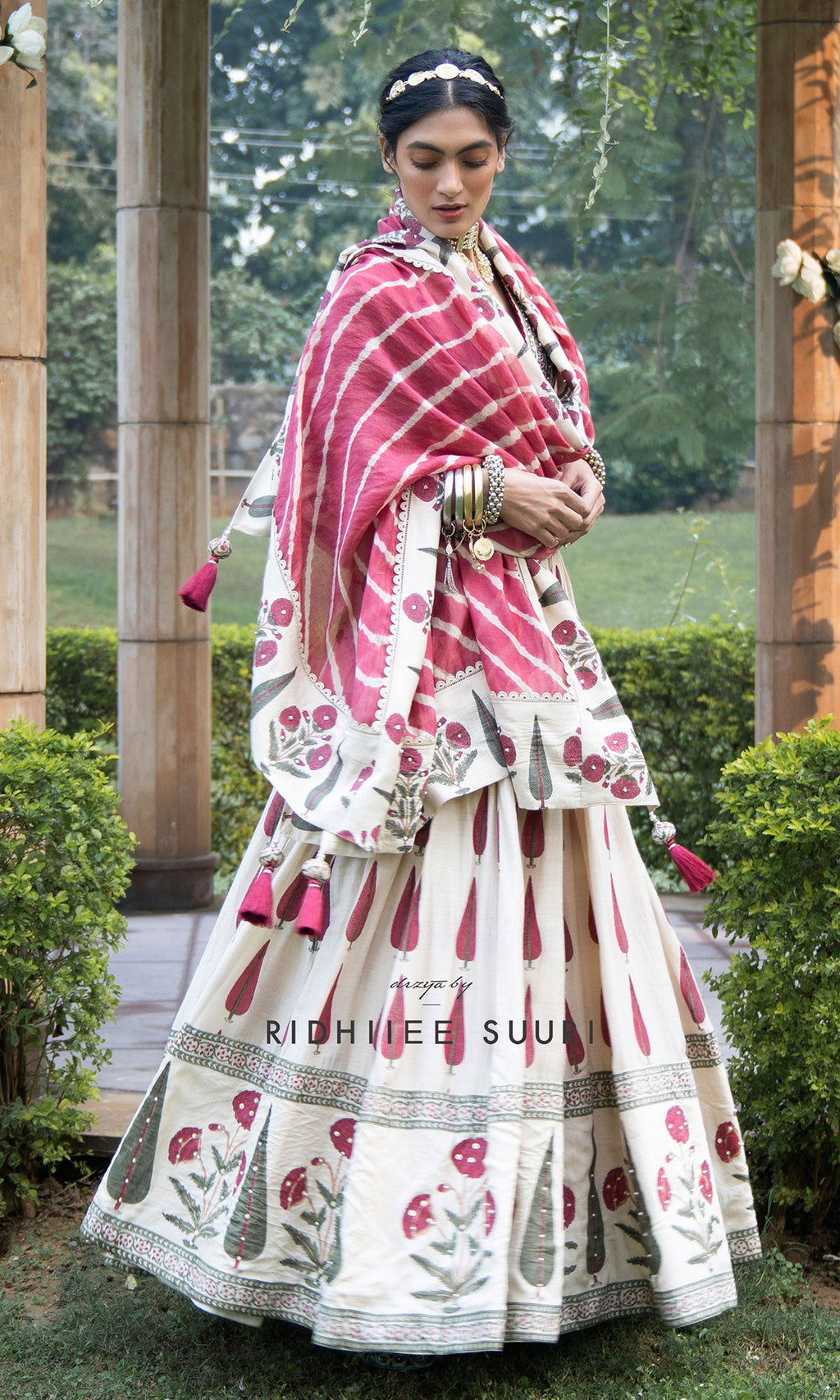 Bareen Mughal Red Block Printed Lehenga Set With Lehariya dupatta - Set Of 3 - Red - Ready to ship