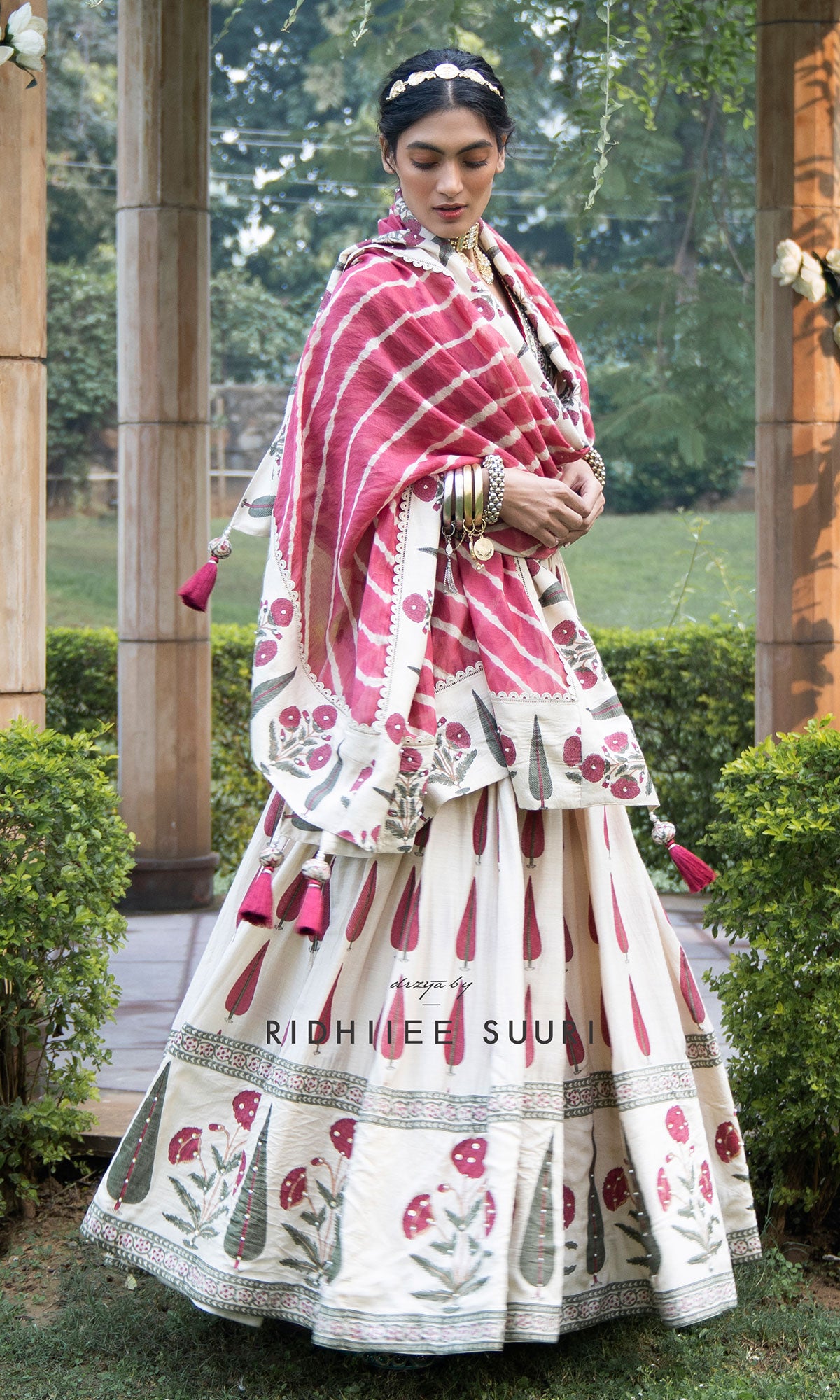 Bareen Mughal Red Block Printed Lehenga Set With Lehariya dupatta - Set Of 3 - Red - Ready to ship