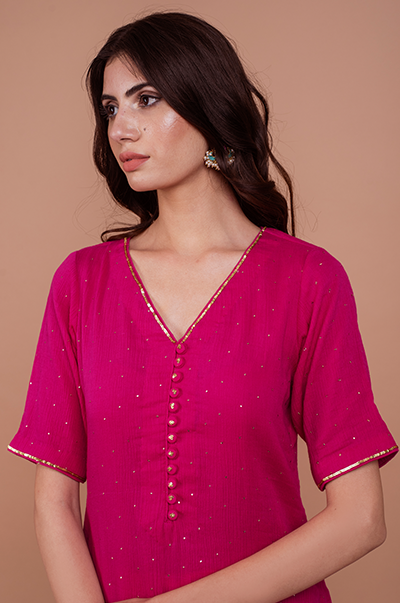 Goonj Rani Pink Mukaish Kurta with marigold Block printed Sharara- set of 3 RTS