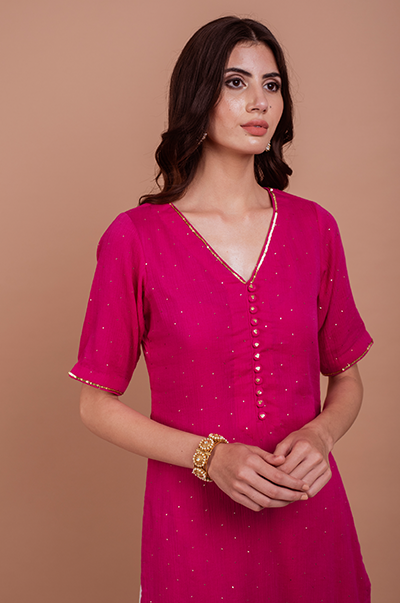 Goonj Rani Pink Mukaish Kurta with marigold Block printed Sharara- set of 3 RTS