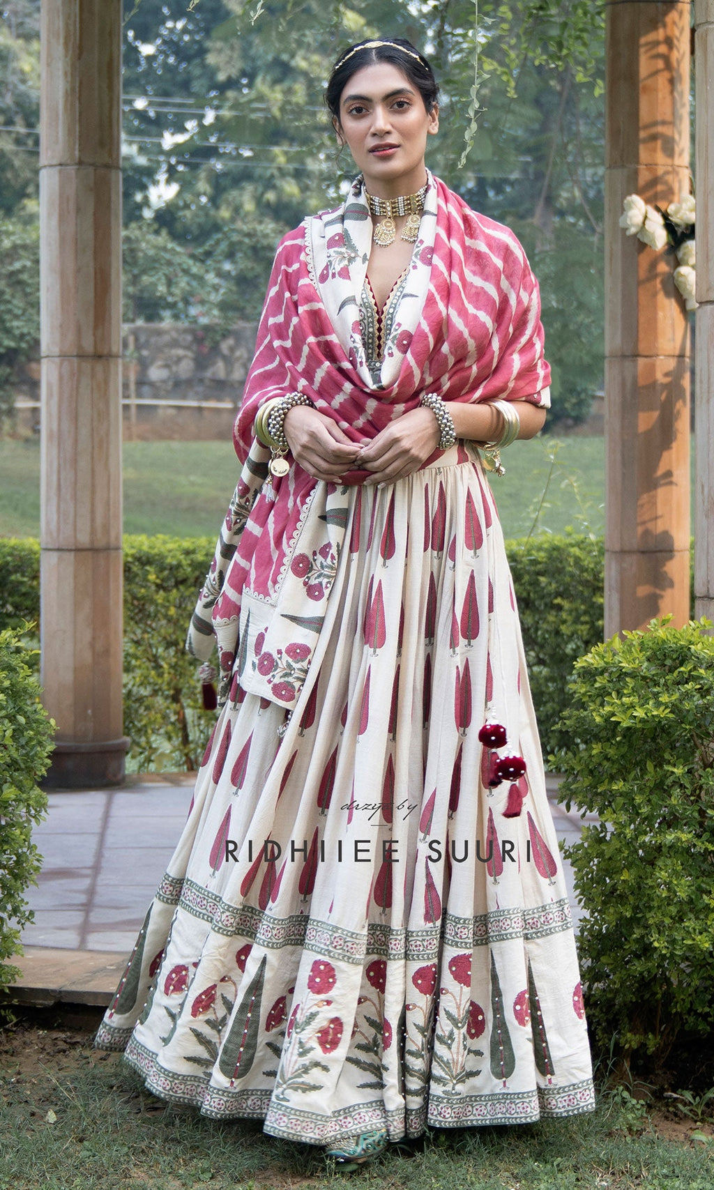 Bareen Mughal Red Block Printed Lehenga Set With Lehariya dupatta - Set Of 3 - Red - Ready to ship
