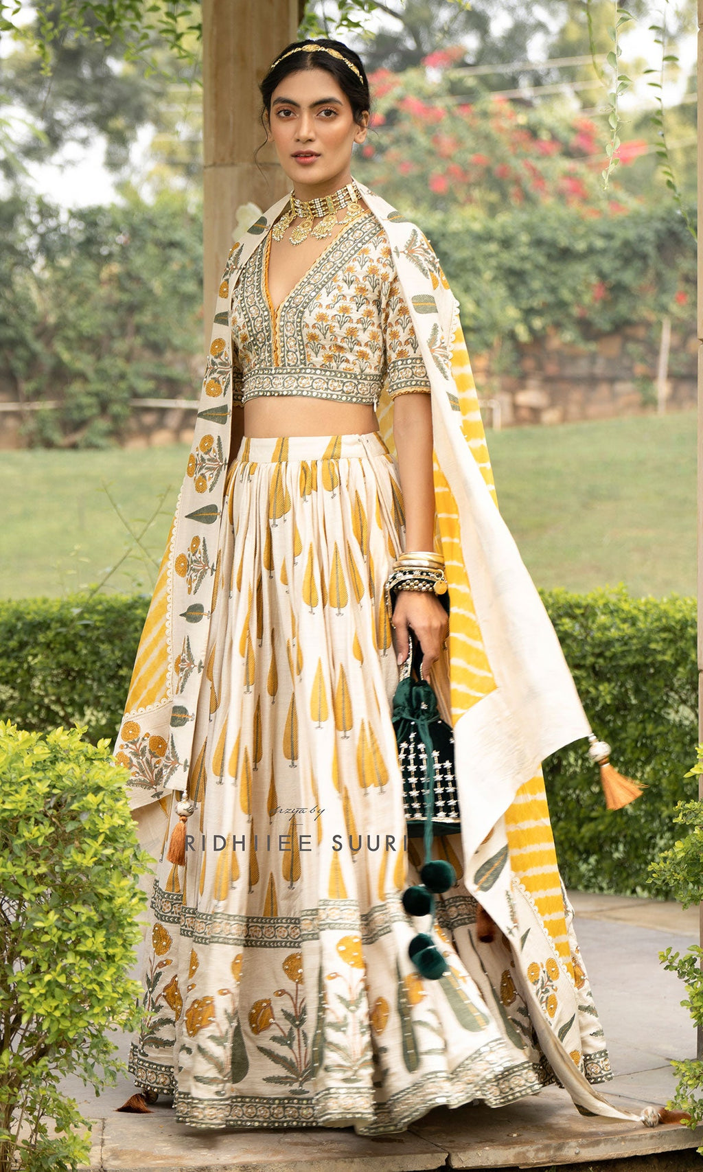 Bareen Mughal Mustard Yellow Block Printed Lehenga Set With Lehariya dupatta - Set Of 3 Ready to ship