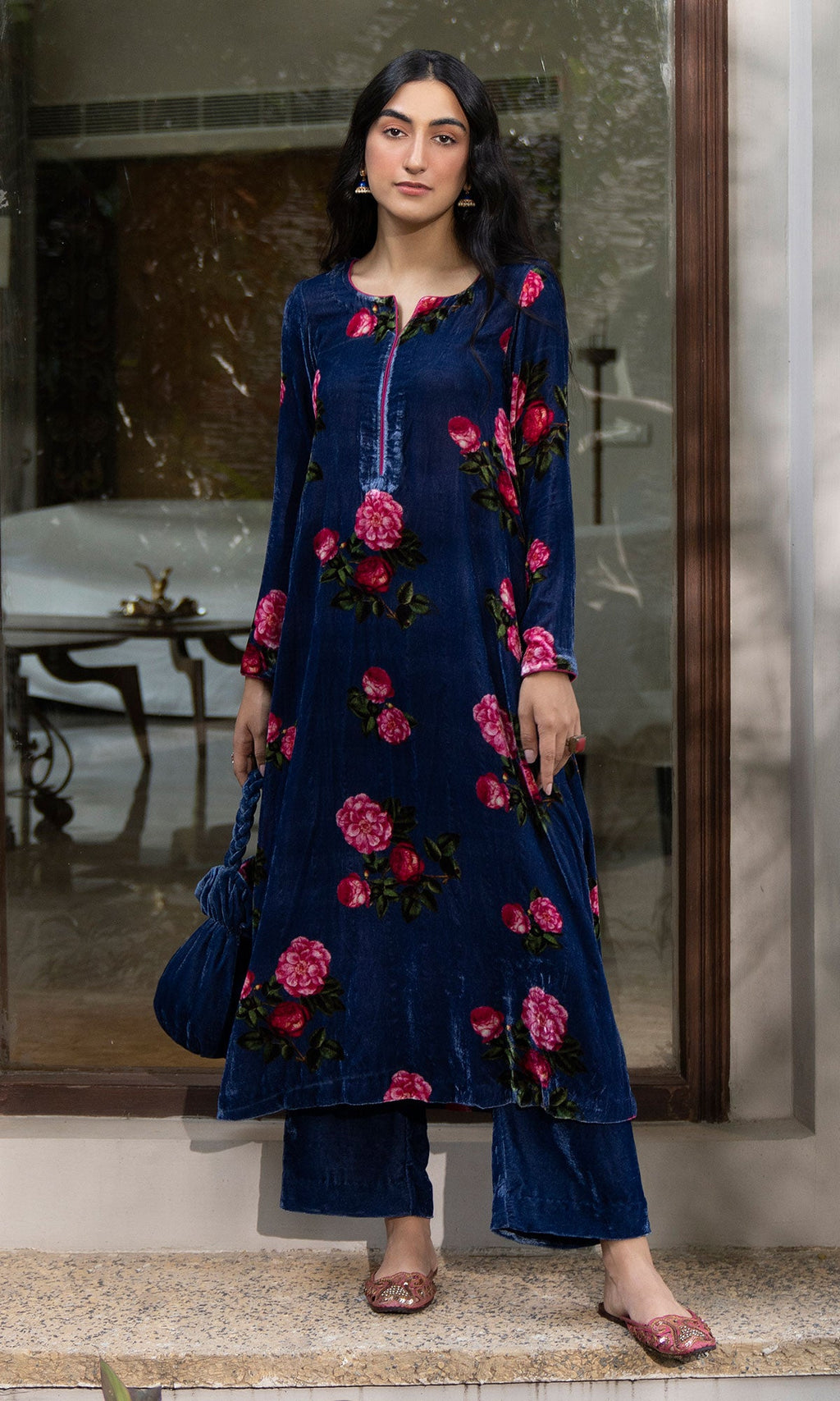 Bareen floral Blue velvet straight kurta with velvet palazzo and shawl - Set of 3 - Ready to ship